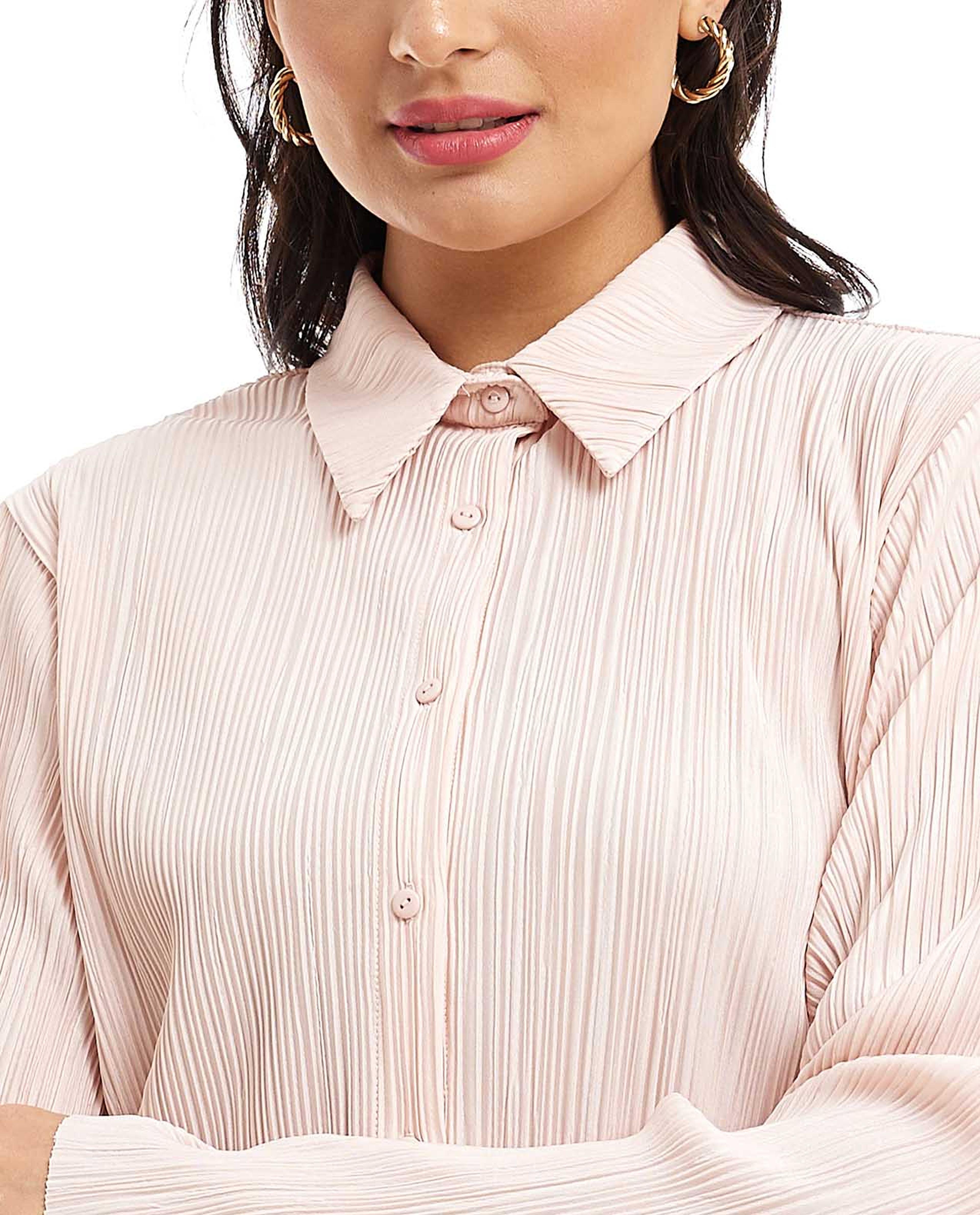 Pleated Shirt with Classic Collar and Long Sleeves