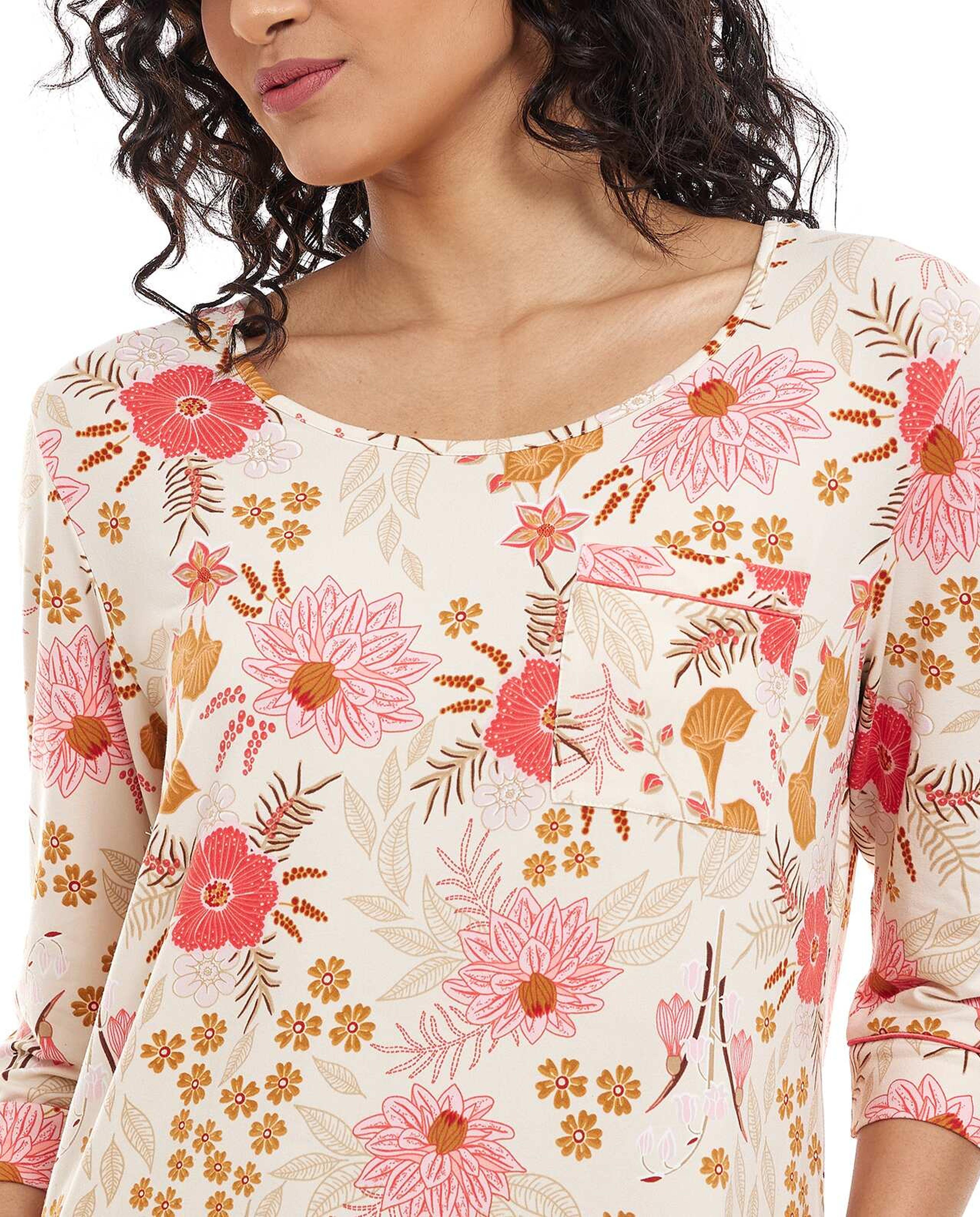 Floral Print Nightdress with 3/4 Sleeves