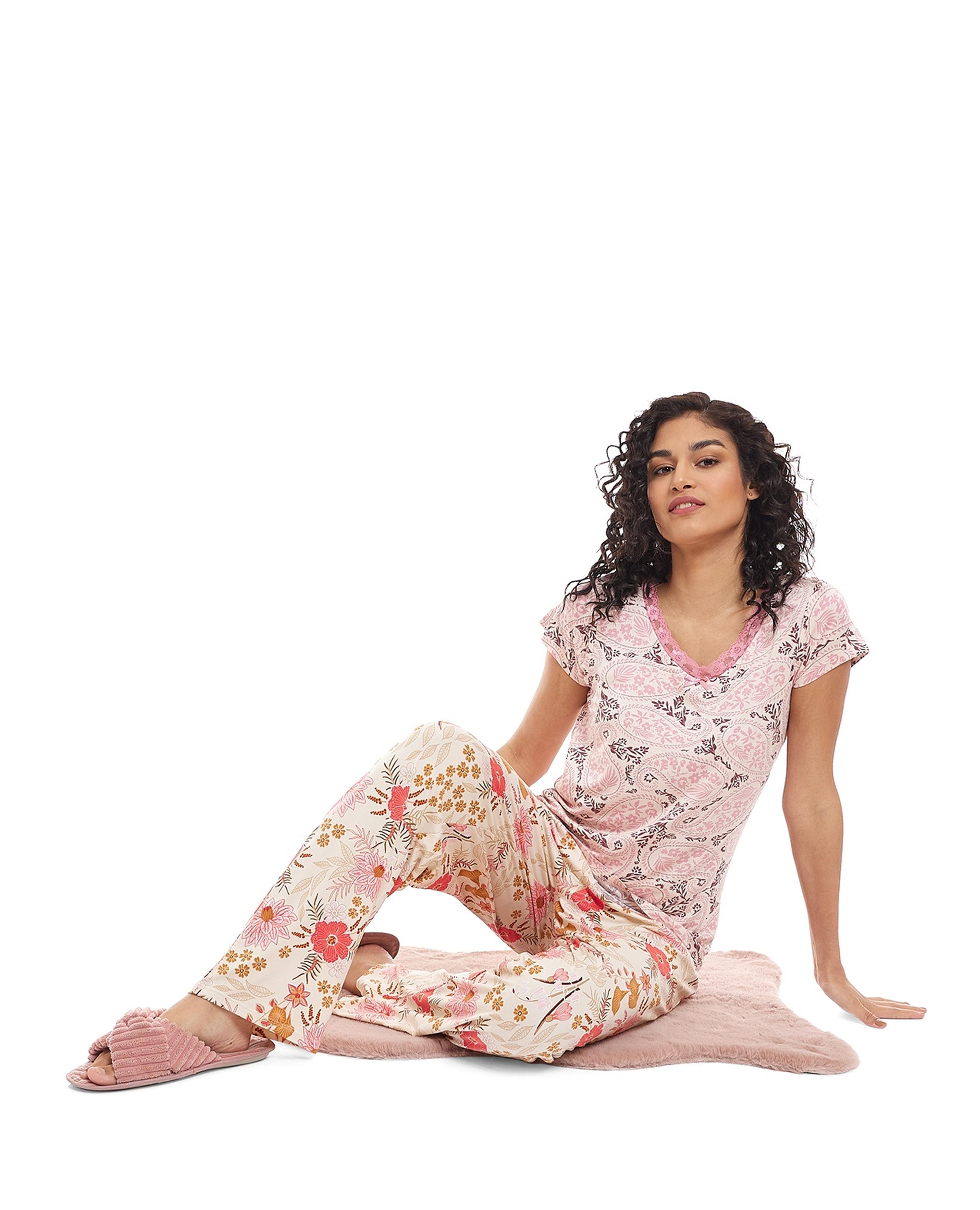 Floral Print Lounge Pants with Drawstring Waist
