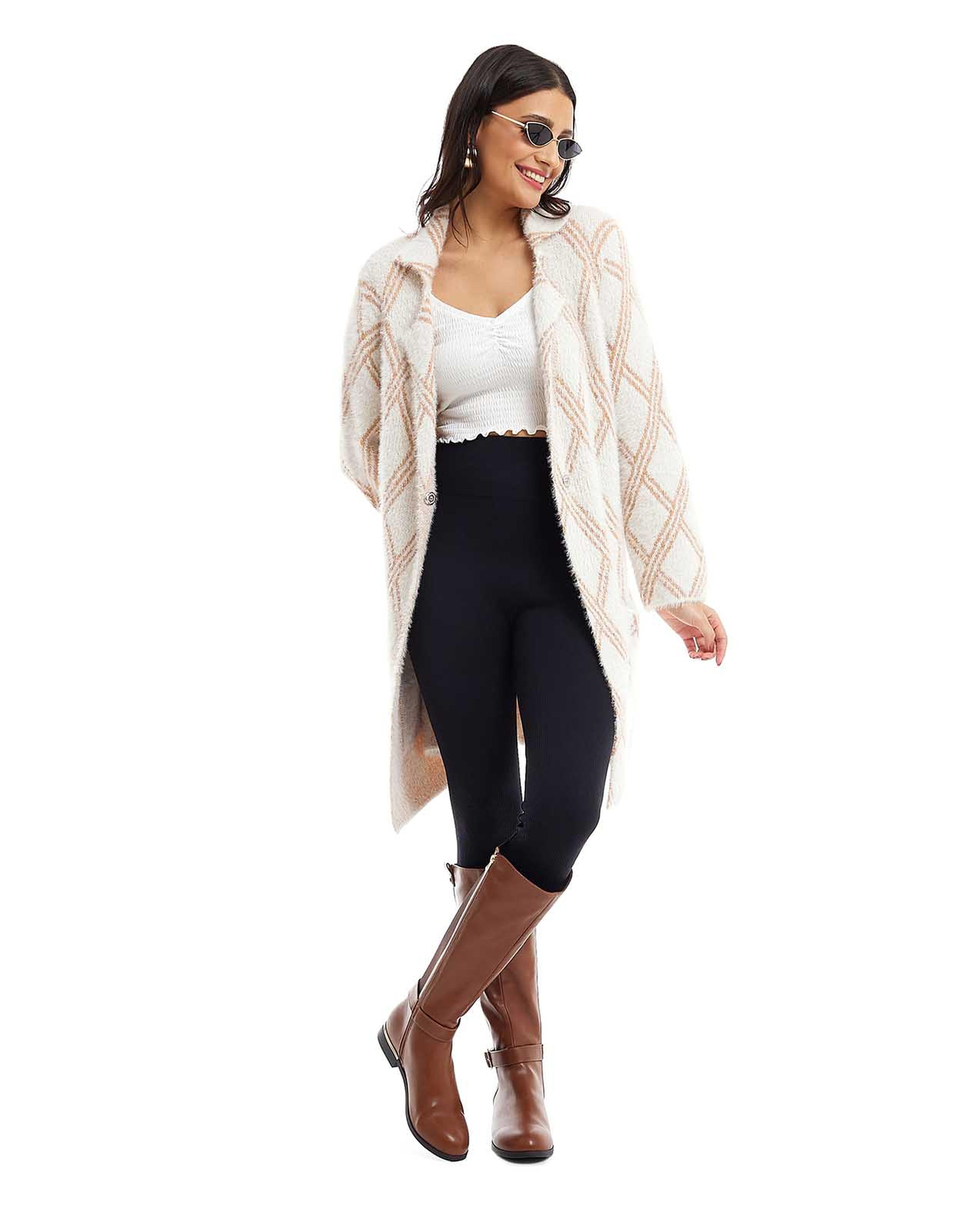 Patterned Long Cardigan with Lapel Collar