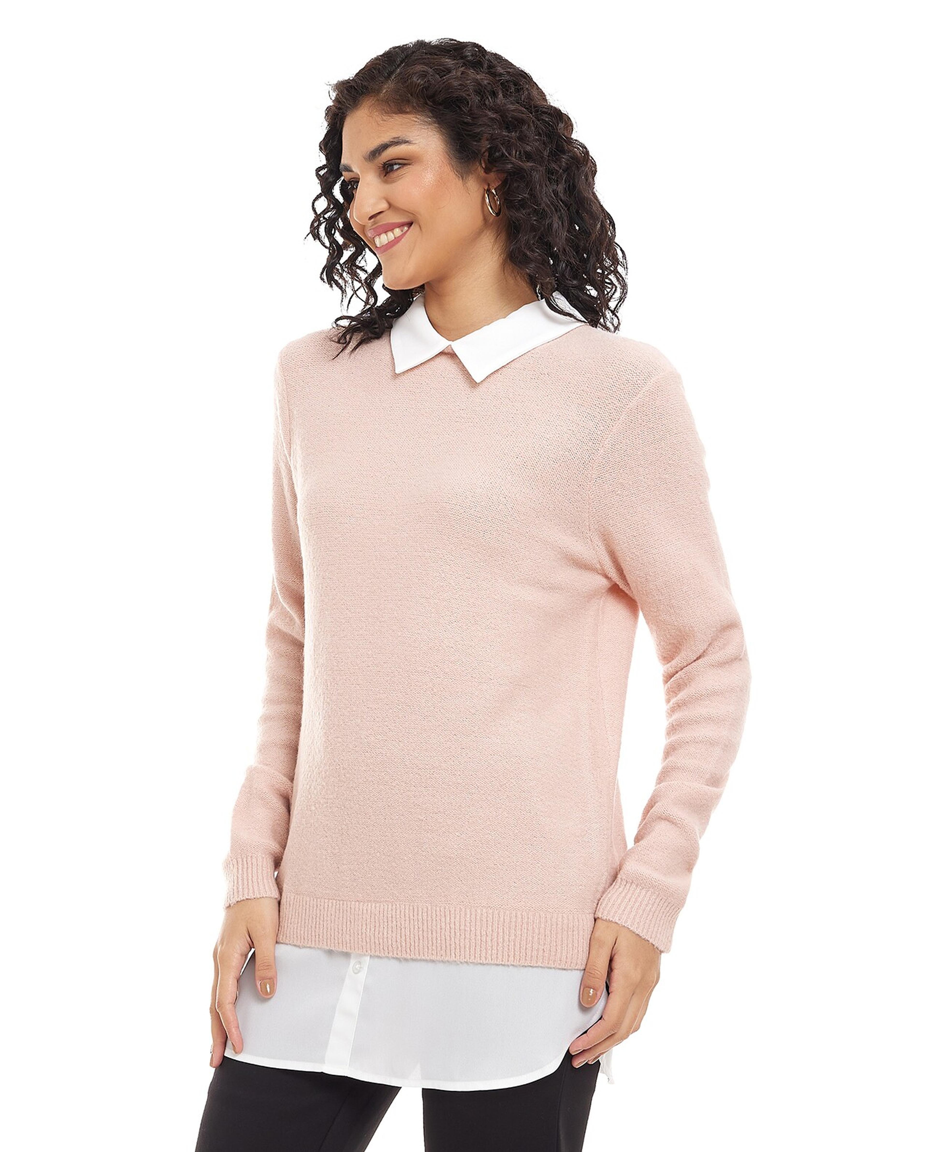 Solid Sweater with Crew Neck and Long Sleeves
