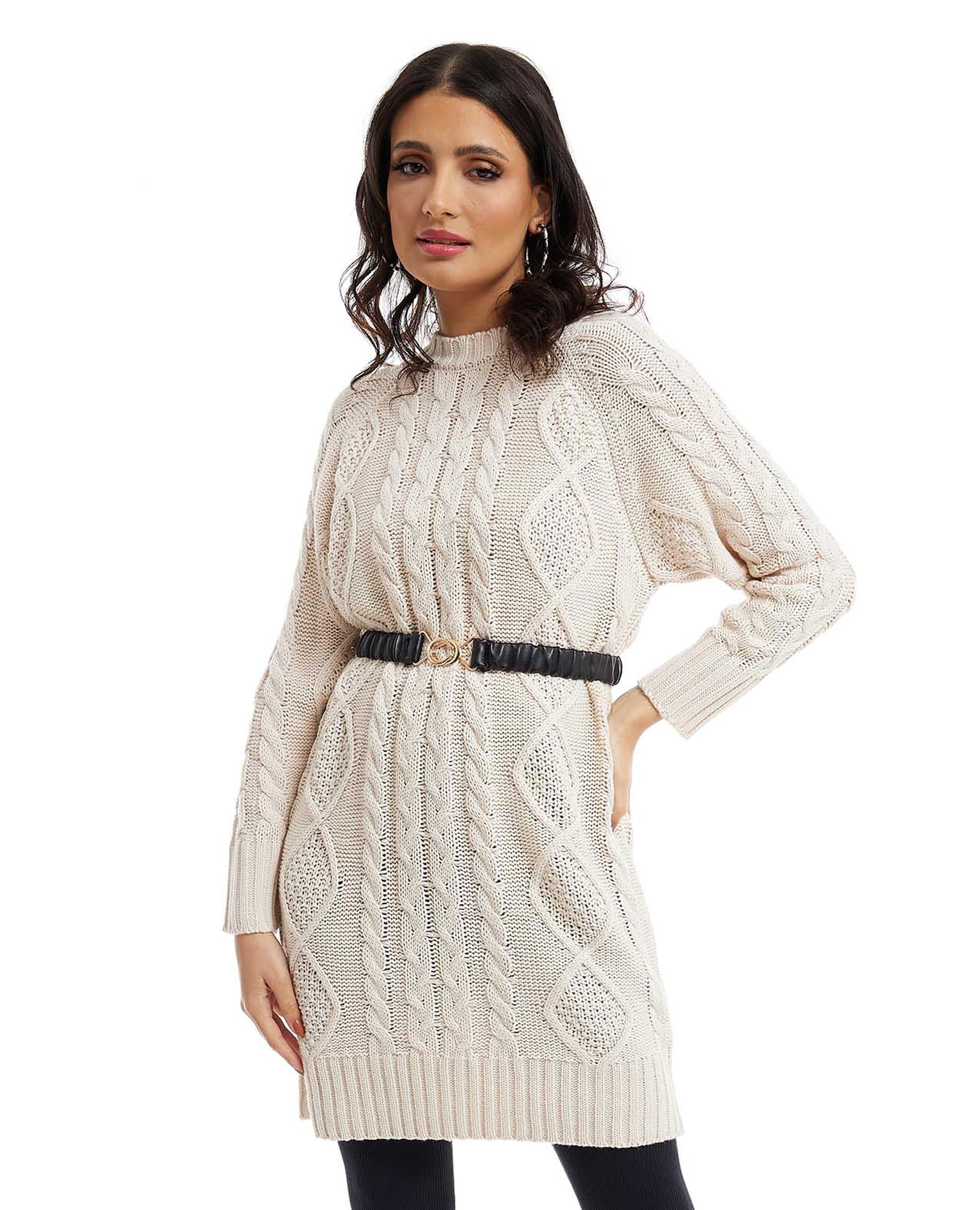 Cable Knit Sweater Dress with Crew Neck and Long Sleeves