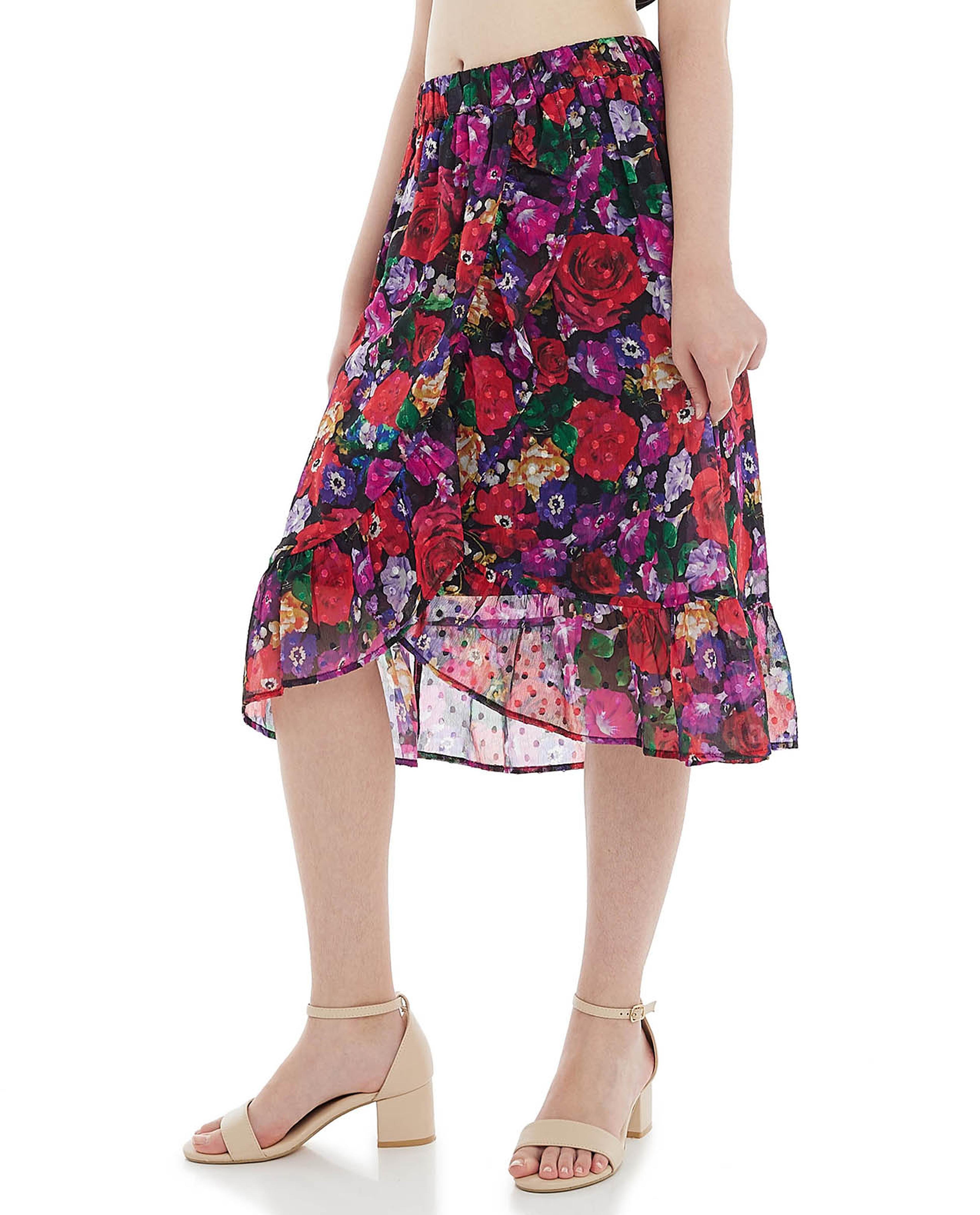 Floral Print Midi Skirt with Elastic Waist