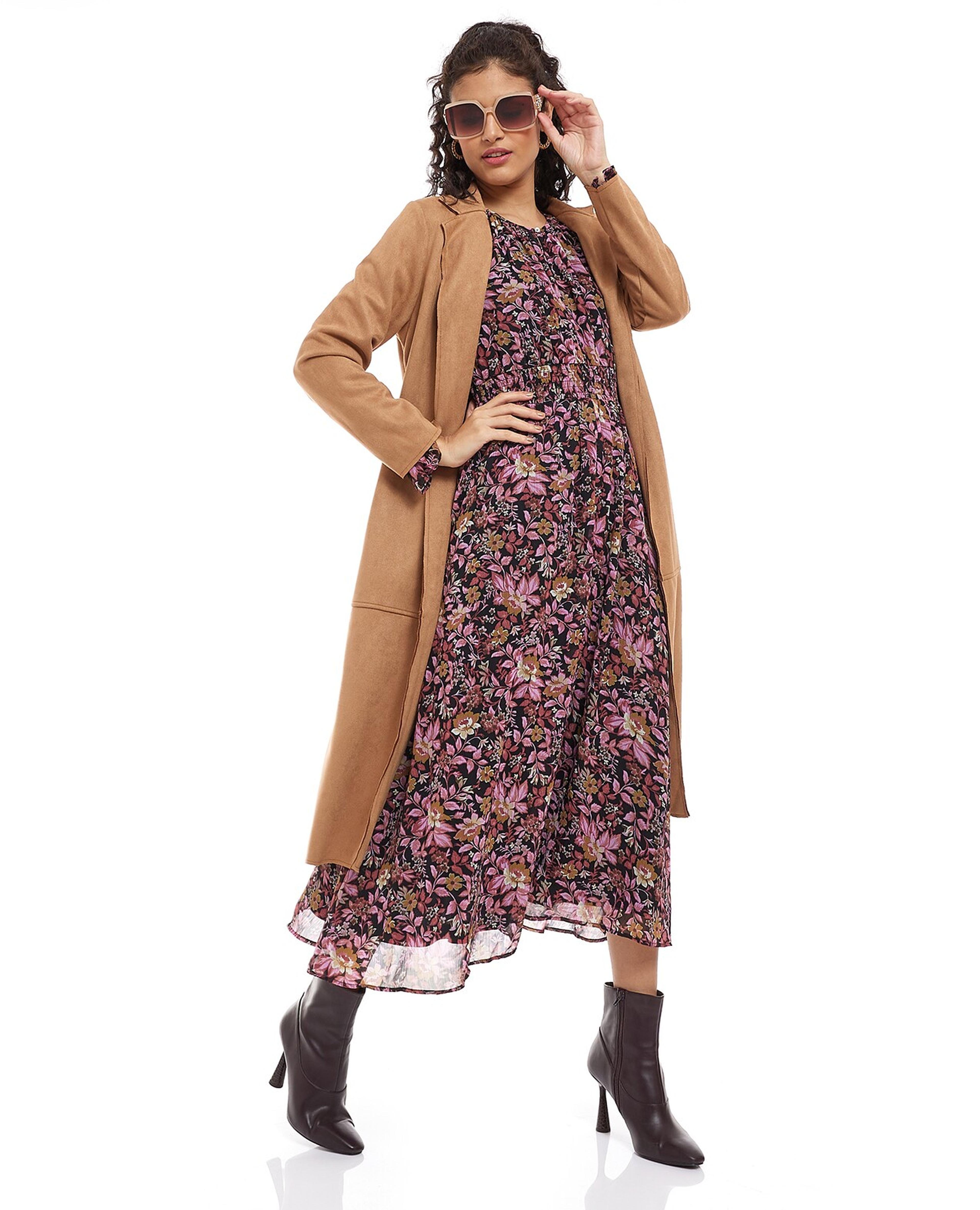 Floral Print Midi Dress with Crew Neck and Long Sleeves
