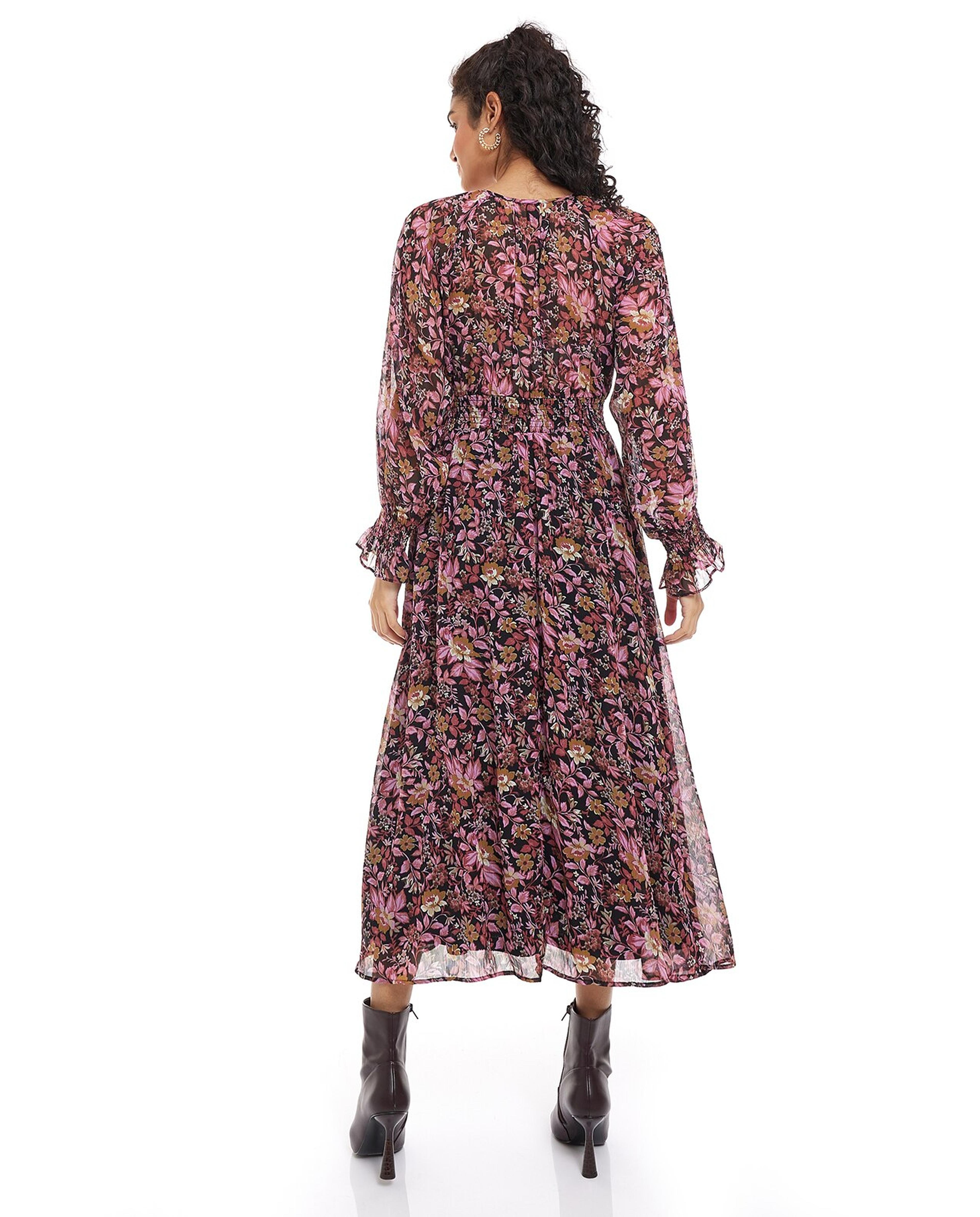 Floral Print Midi Dress with Crew Neck and Long Sleeves
