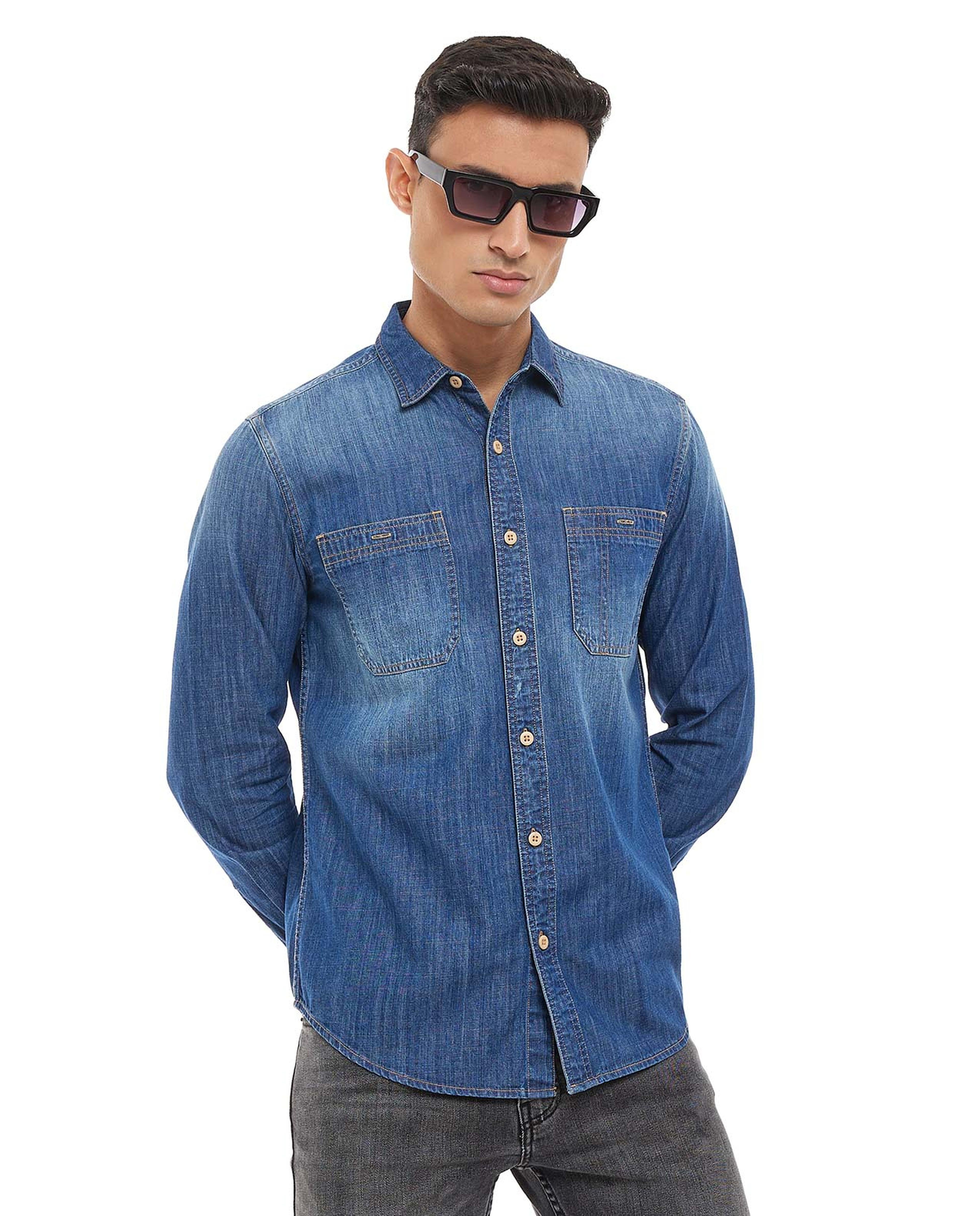 Faded Denim Shirt with Classic Collar and Long Sleeves