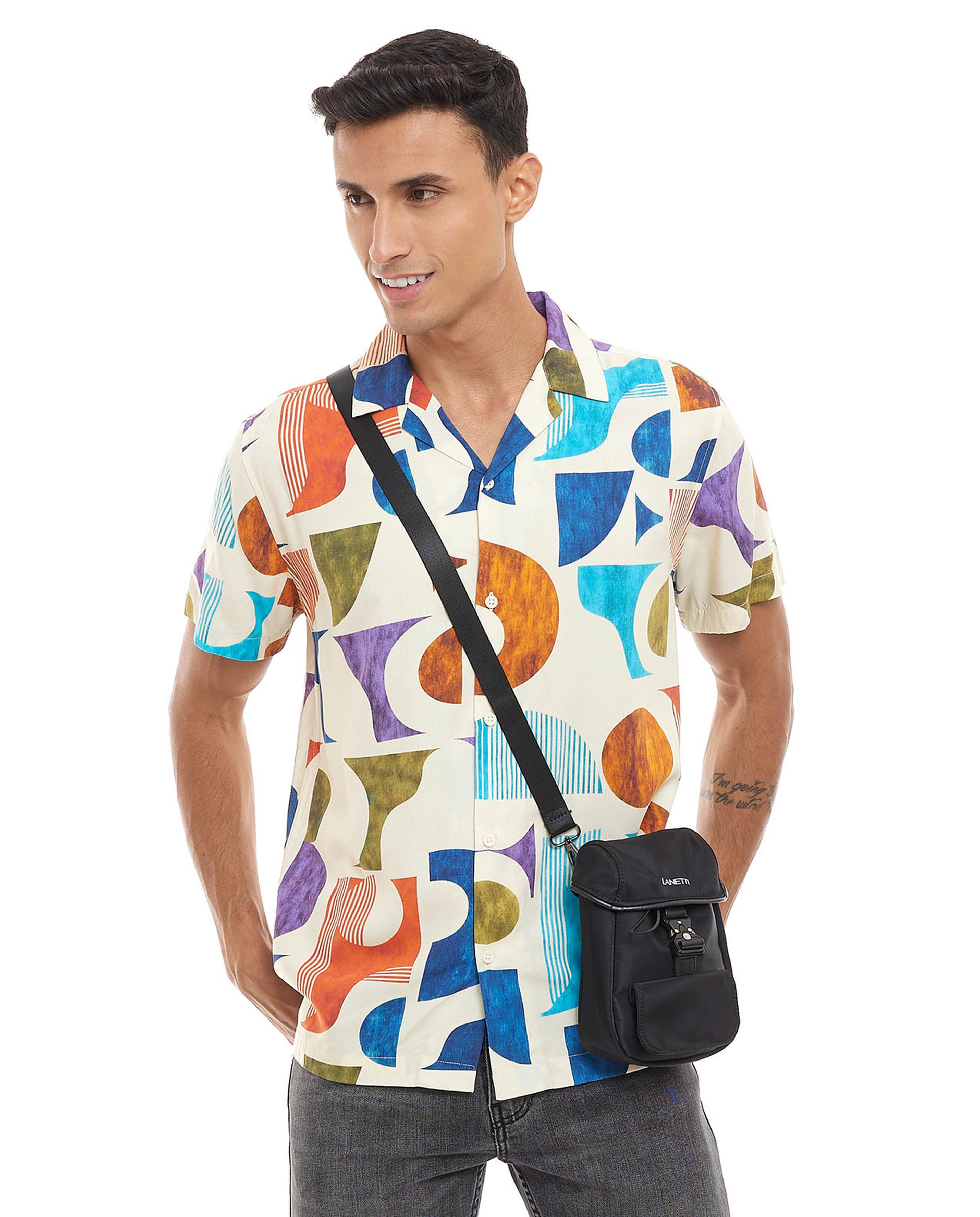 Abstract Print Shirt with Classic Collar and Short Sleeves
