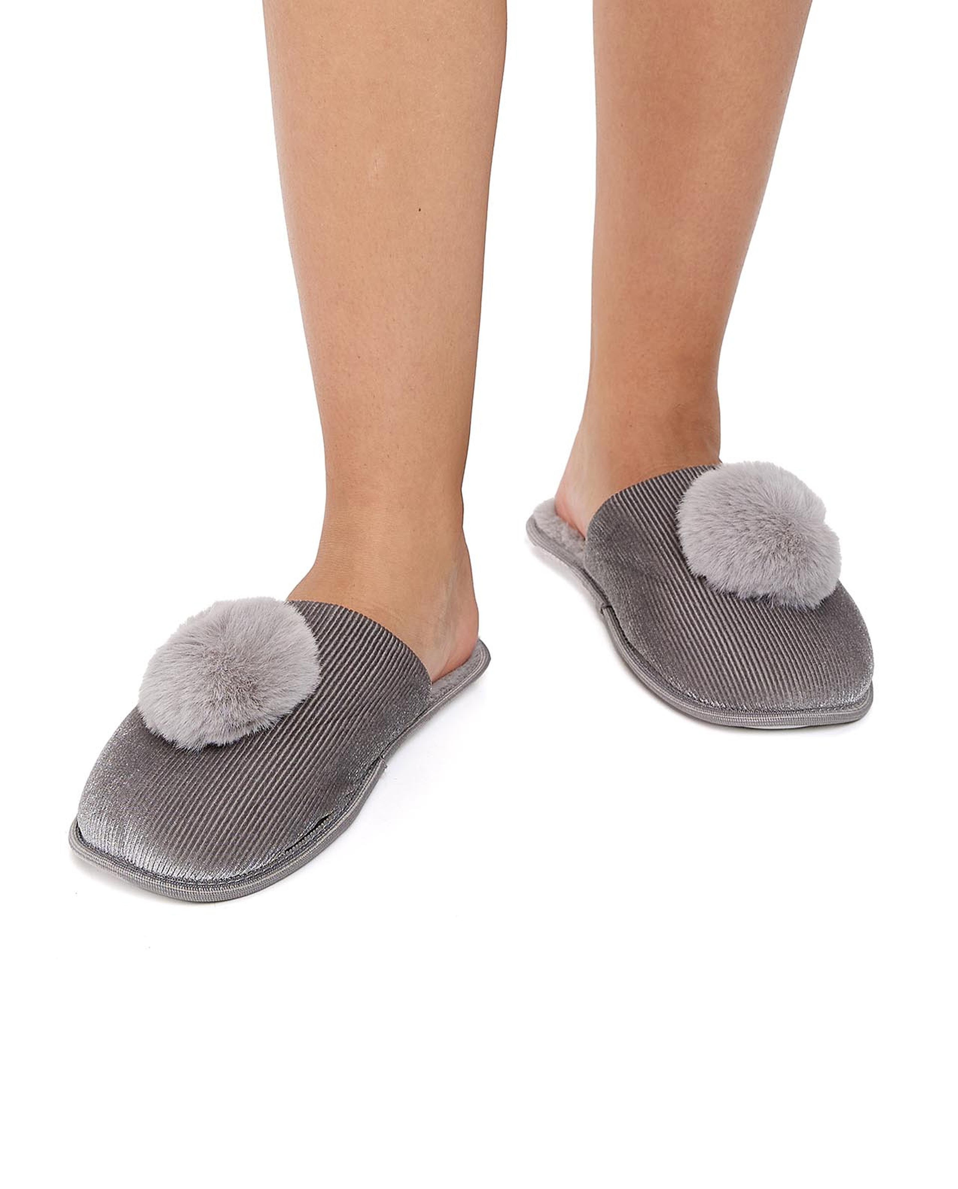 Furry Bedroom Slippers with Pom-Pom