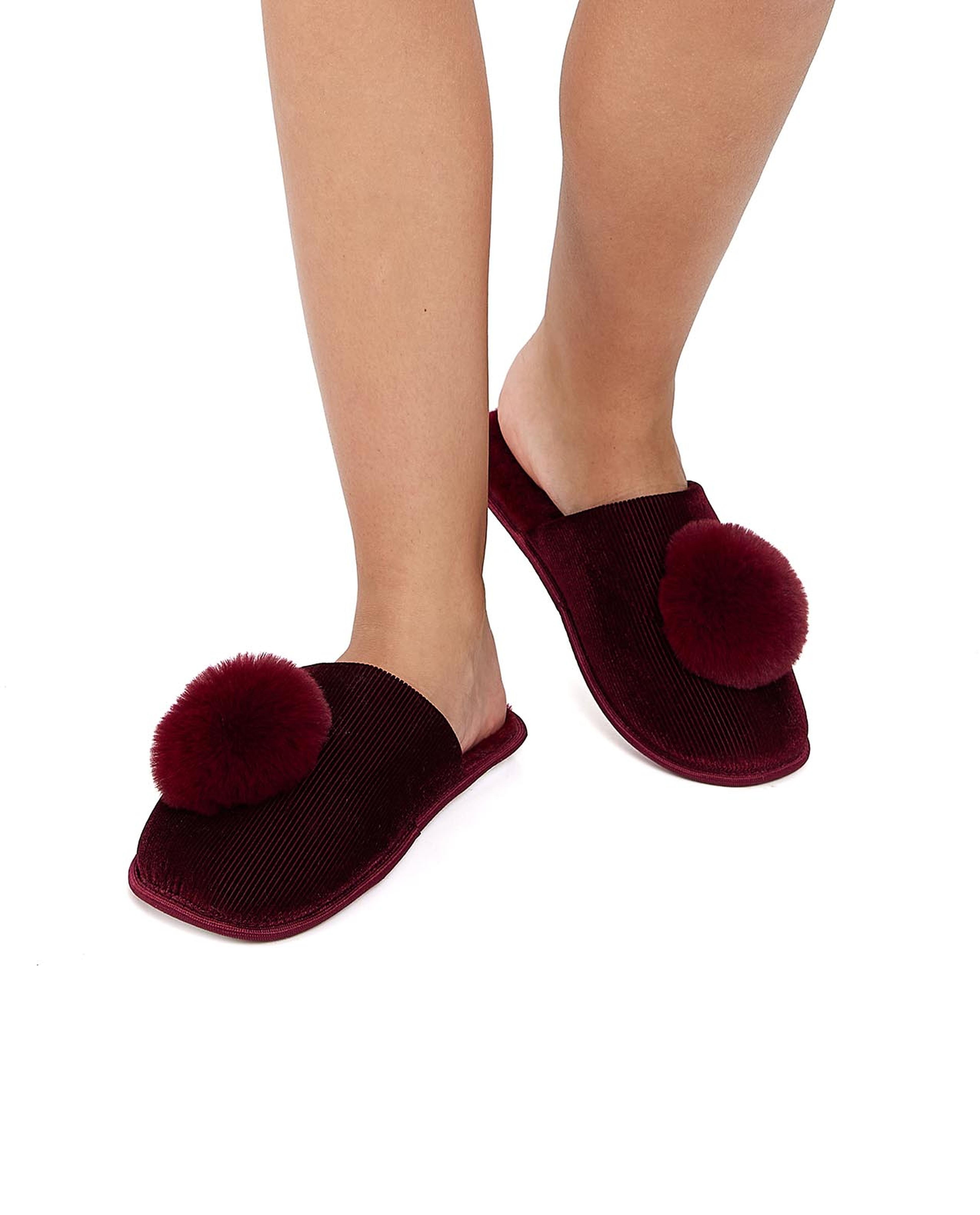 Furry Bedroom Slippers with Pom-Pom