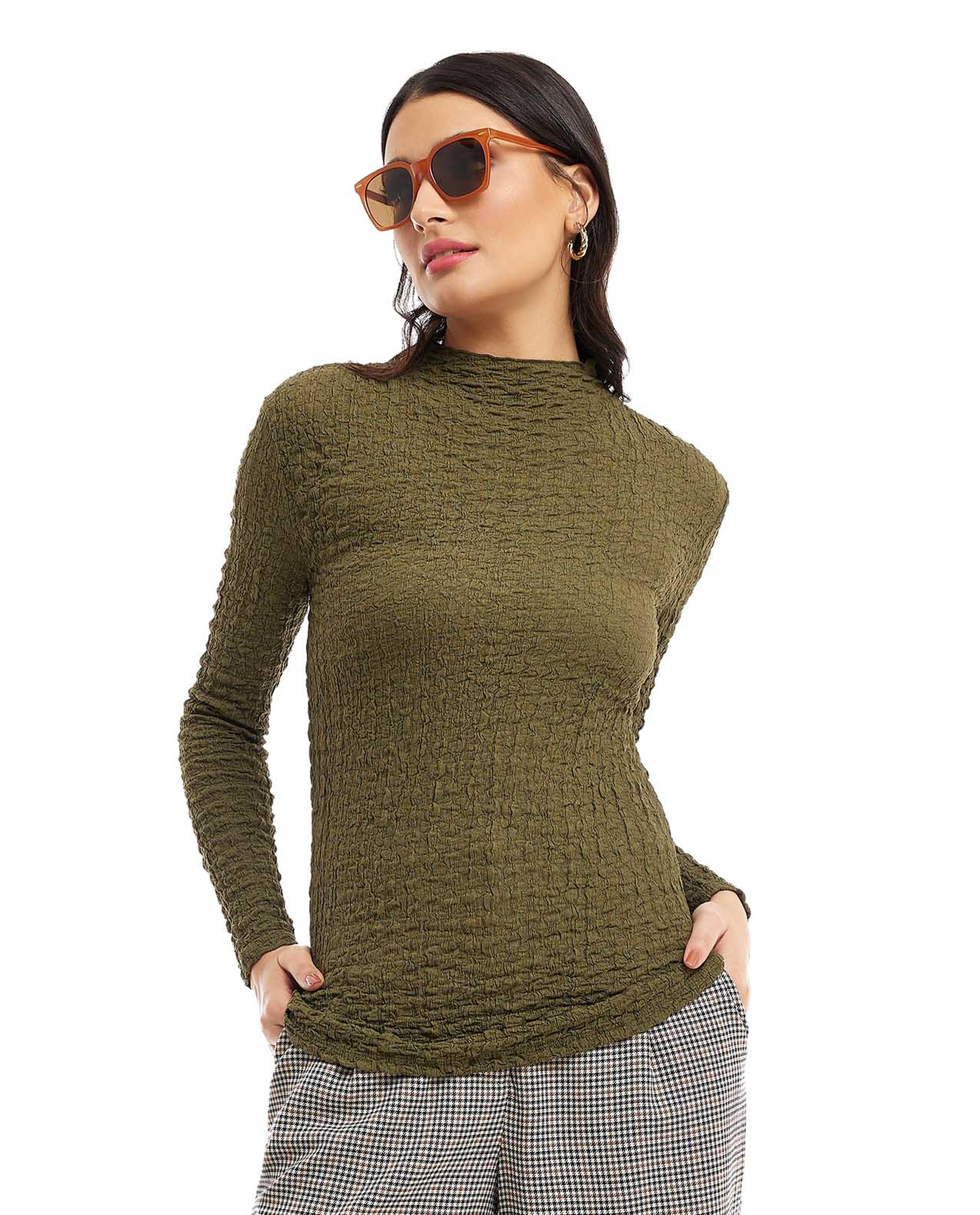 Textured Top with High Neck and Long Sleeves