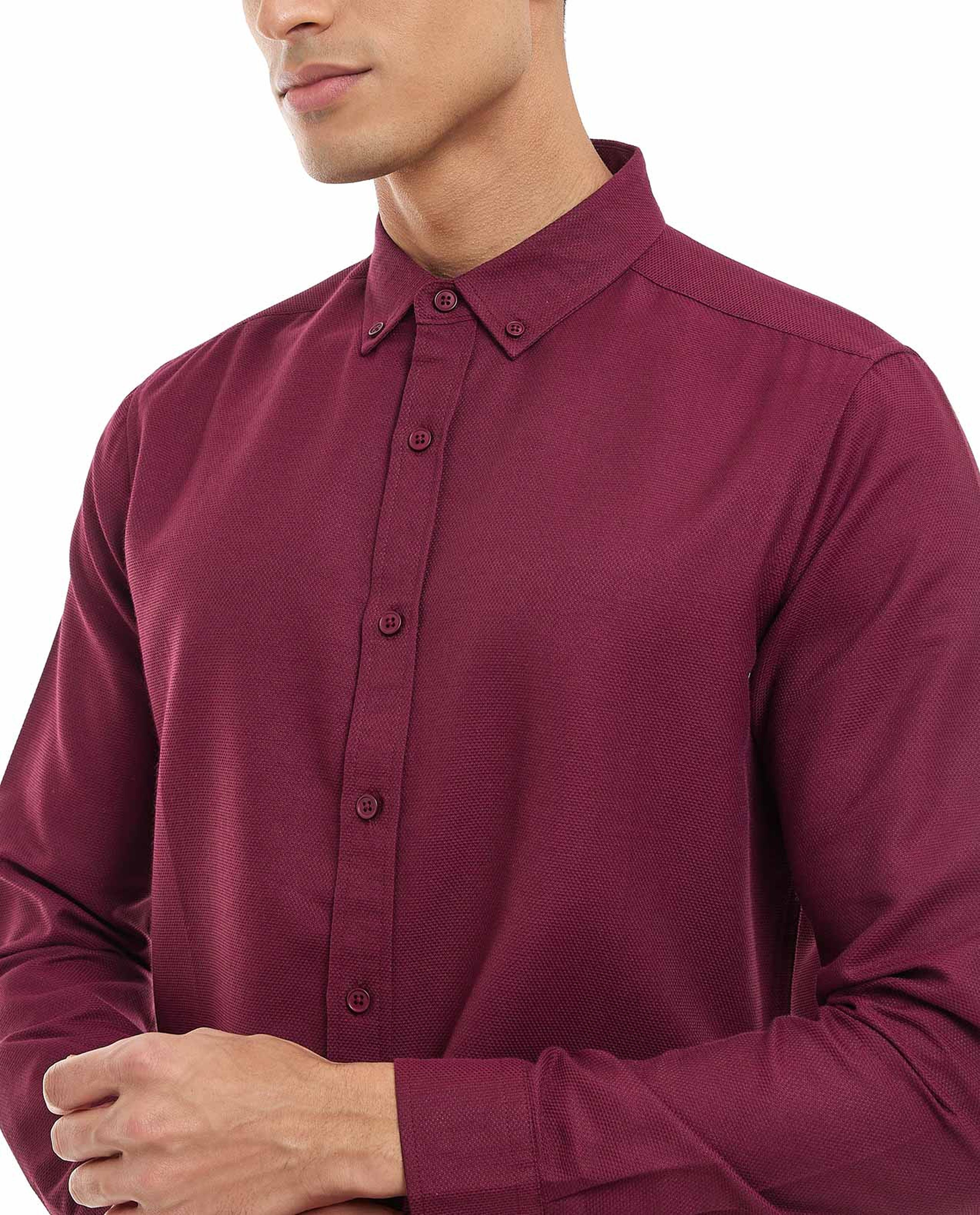 Solid Shirt with Button-Down Collar and Long Sleeves
