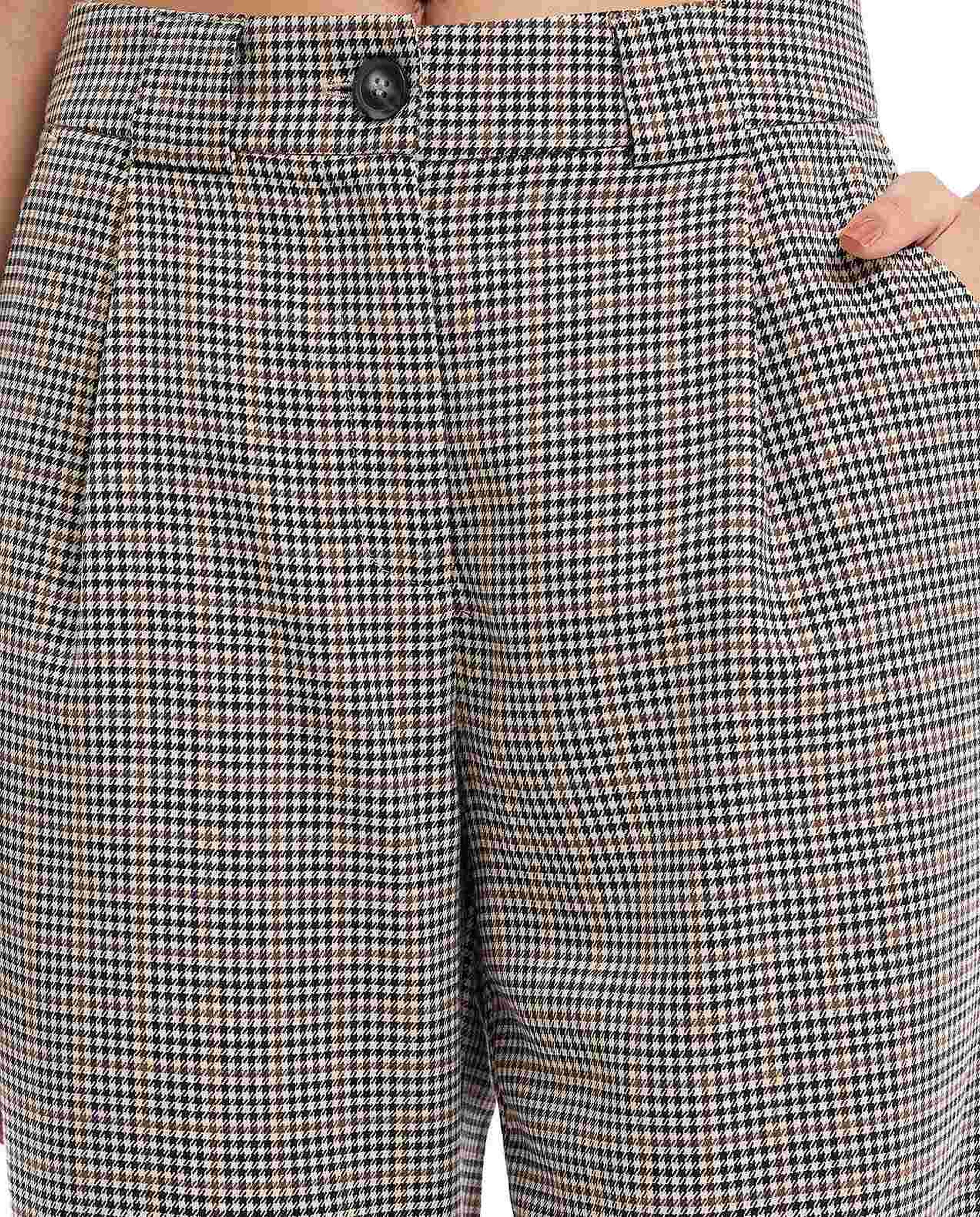Plaid Pleated Trousers with Button Closure