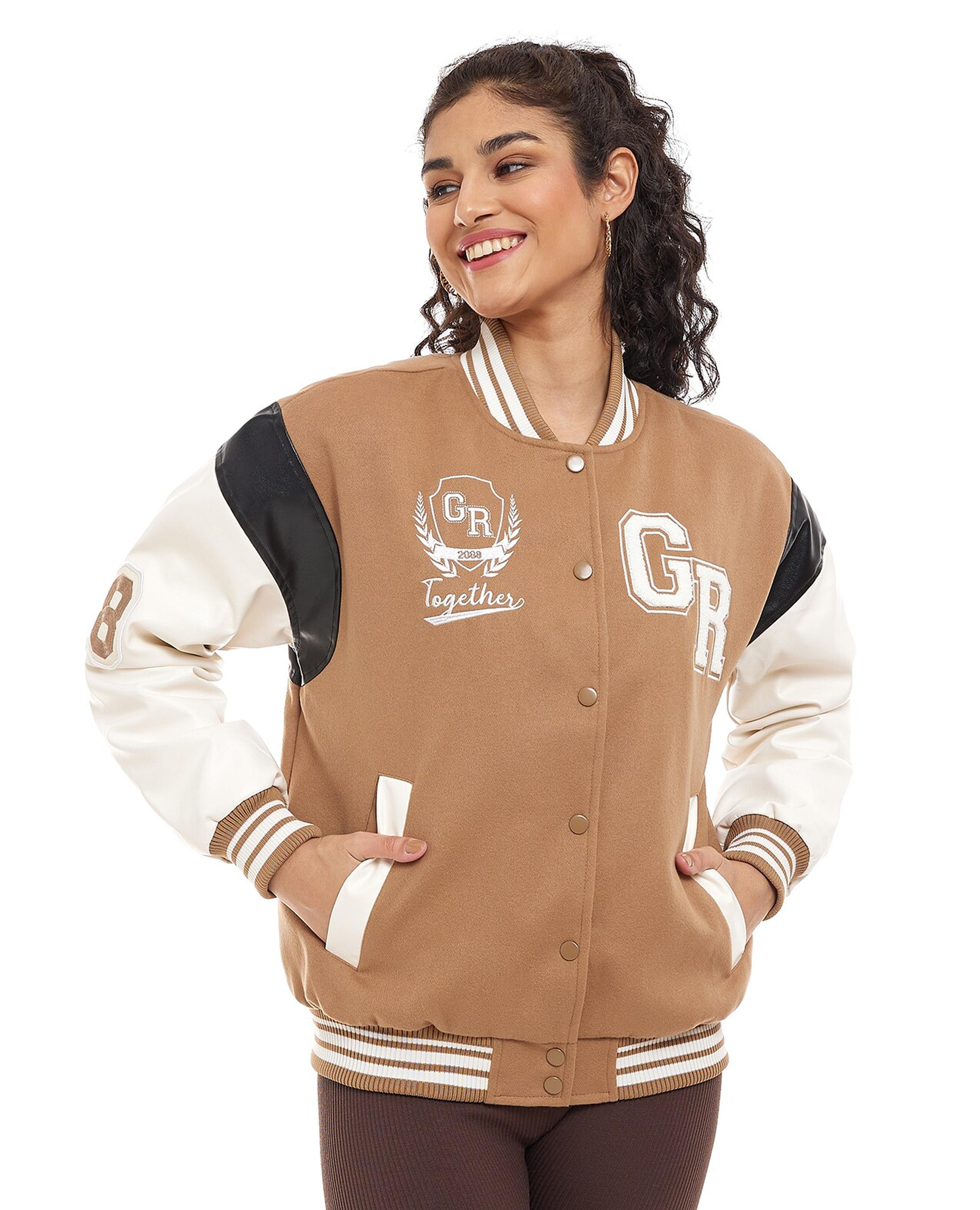 Color Block Varsity Jacket with Button Closure