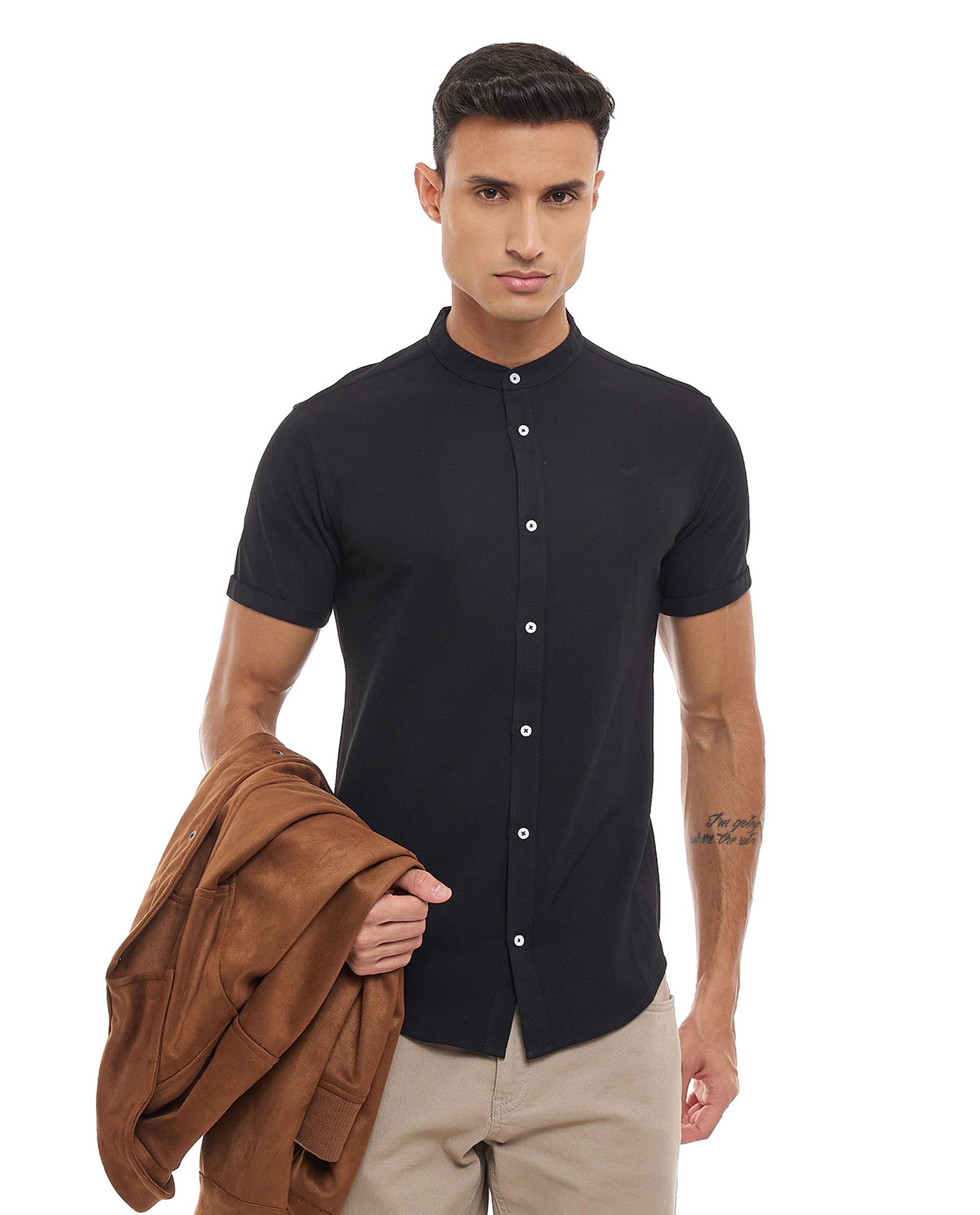 Solid Shirt with Mandarin Collar and Short Sleeves