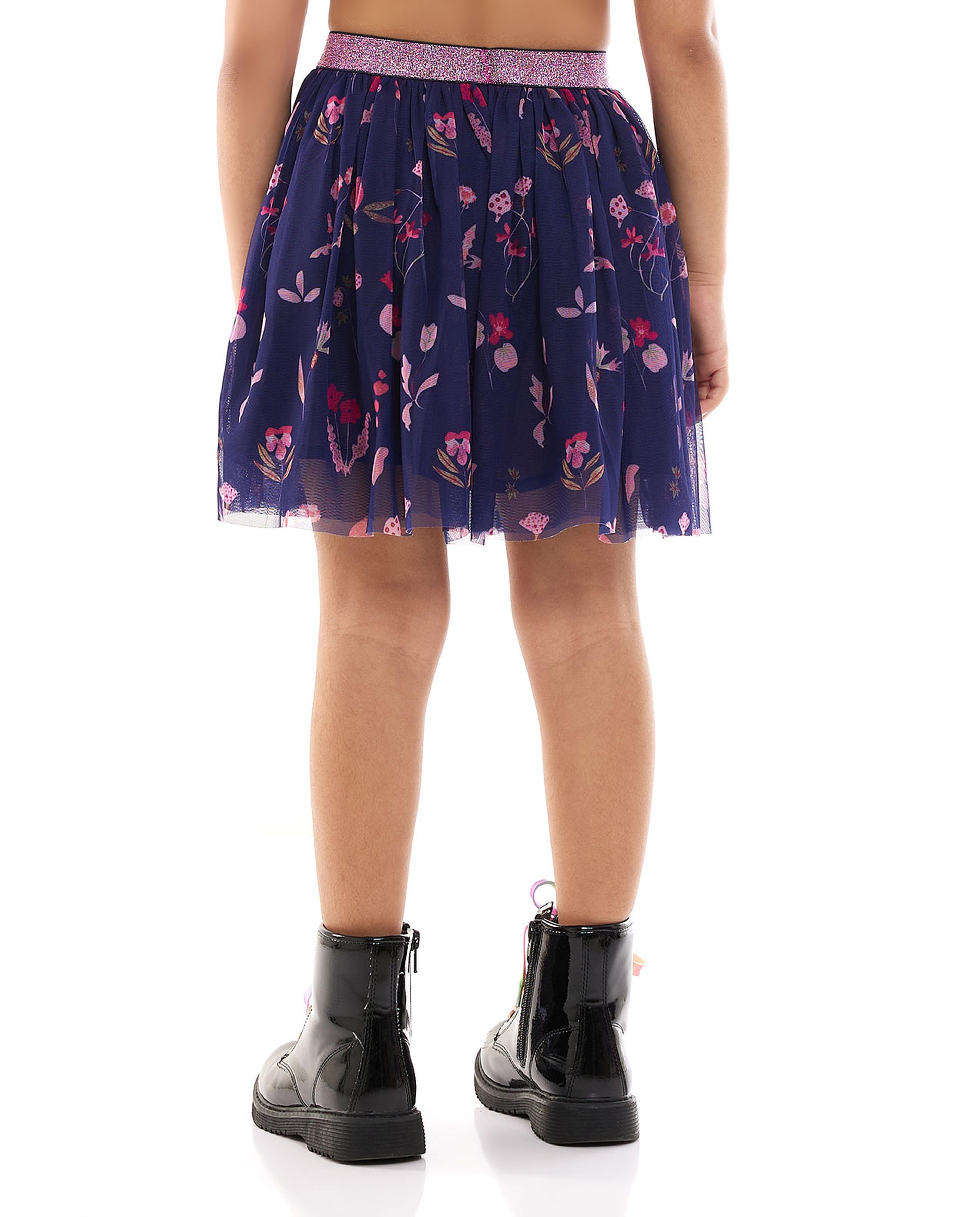 Printed Tulle Skirt with Elastic Waist