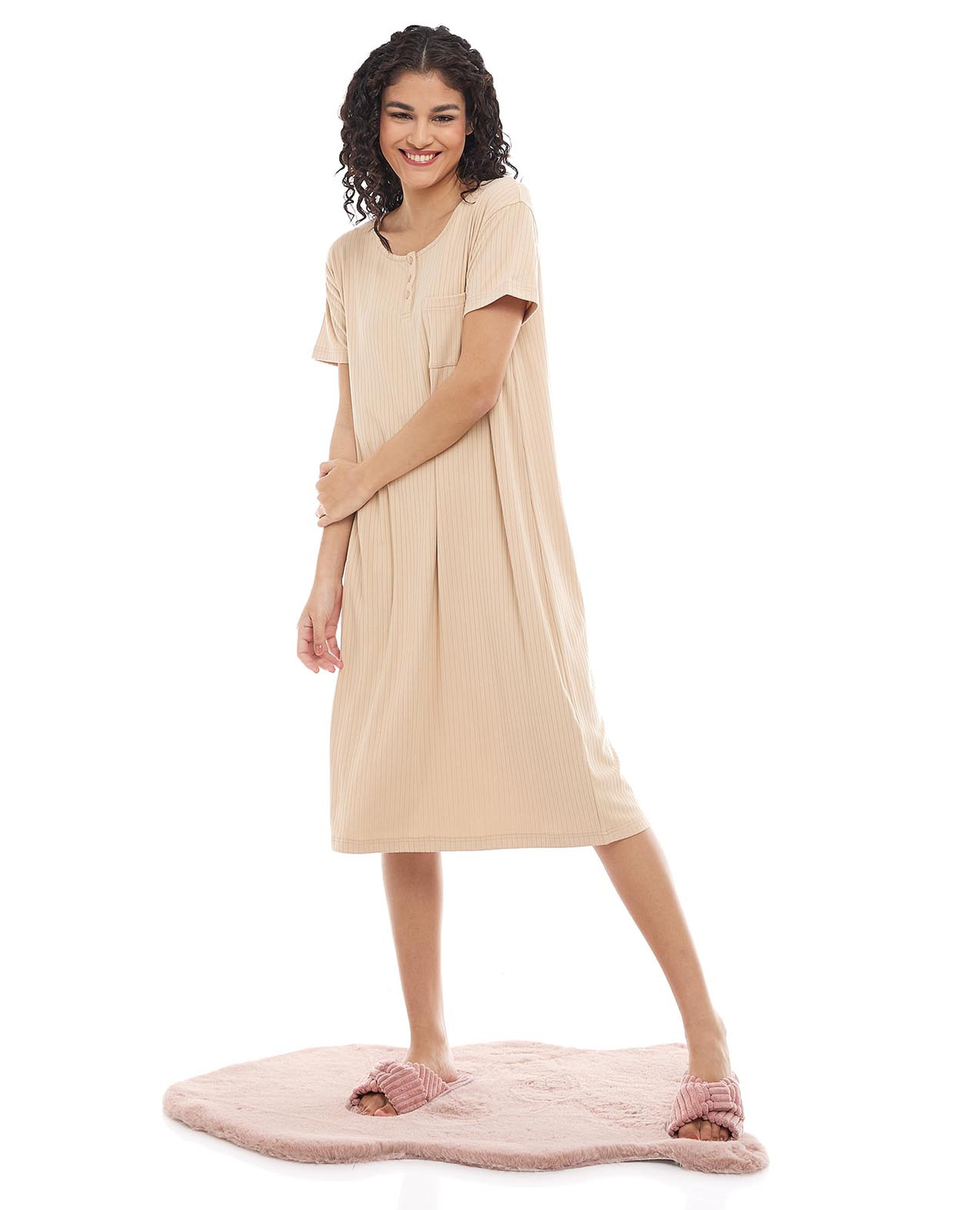Ribbed Nightdress with Crew Neck and Short Sleeves