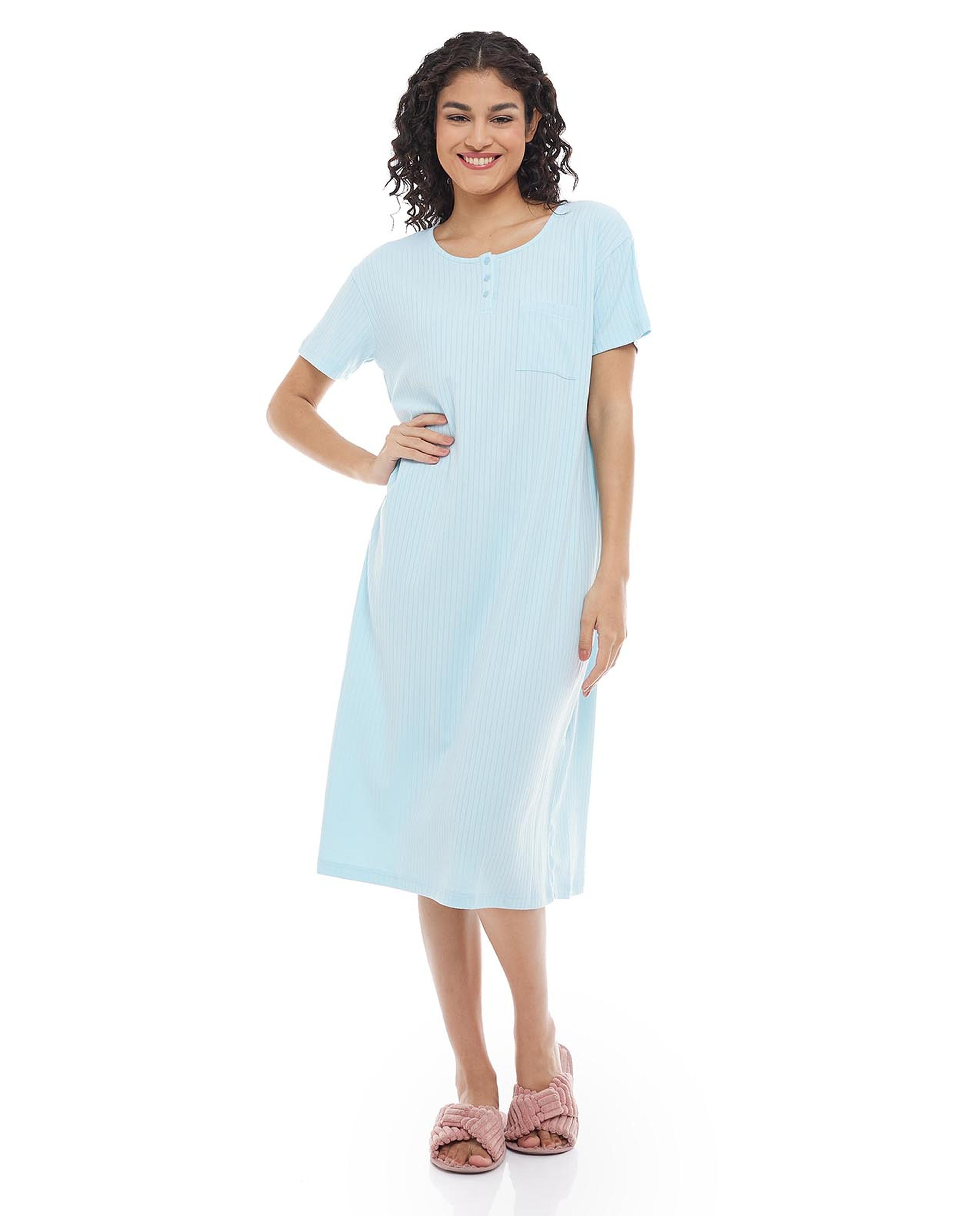 Ribbed Nightdress with Crew Neck and Short Sleeves