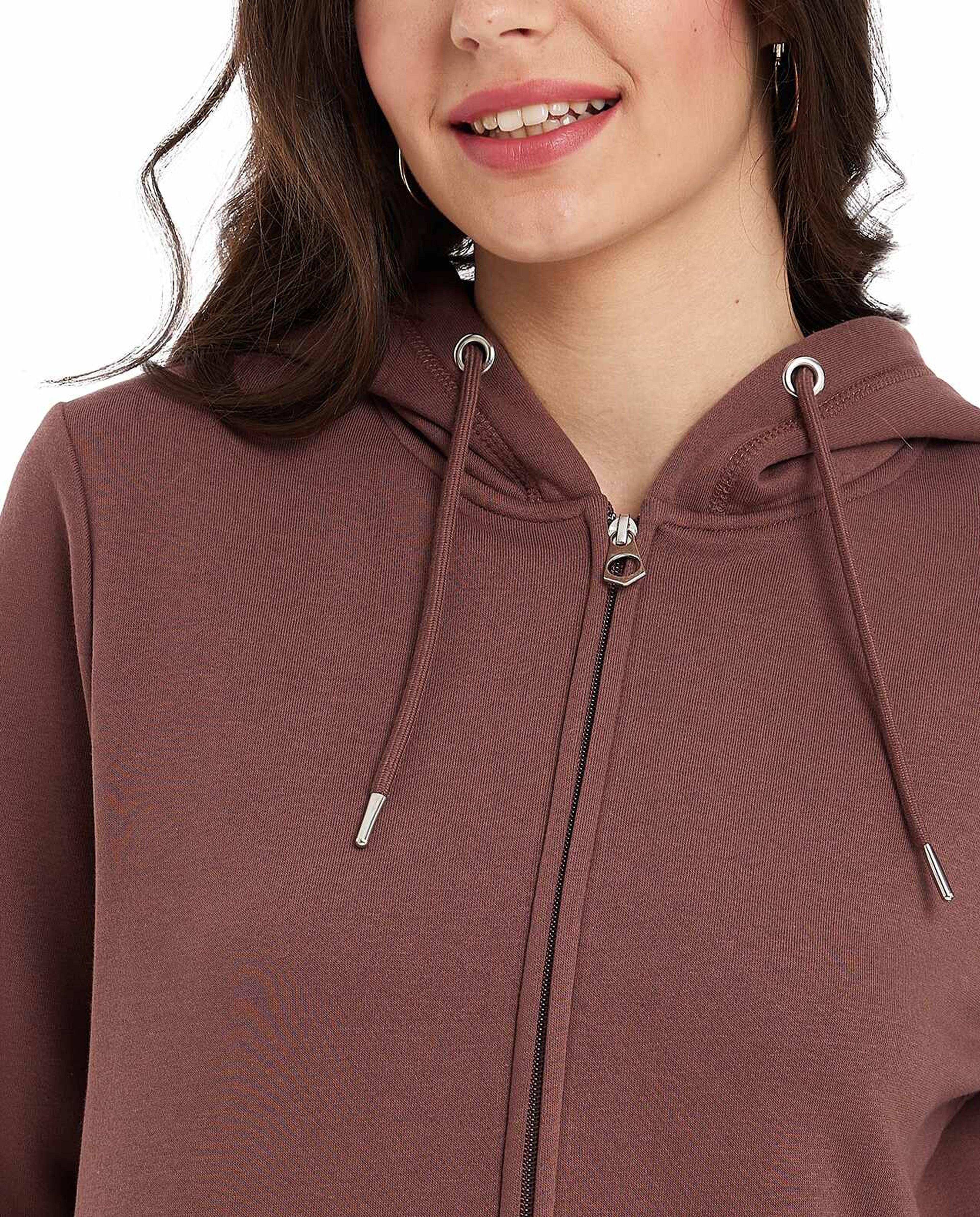 Solid Hooded Jacket with Zipper Closure
