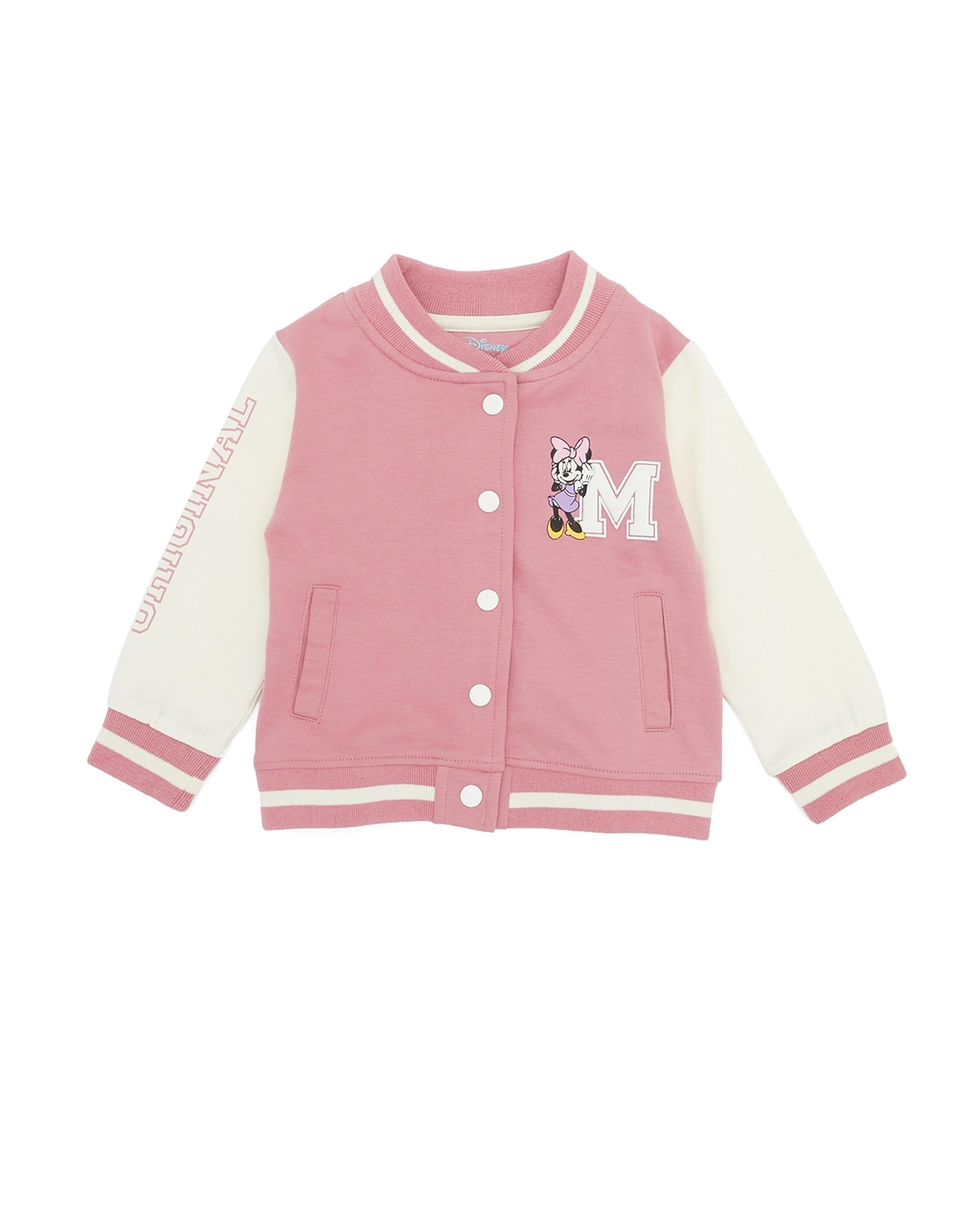 Minnie Mouse Print Varsity Jacket with Snap Button