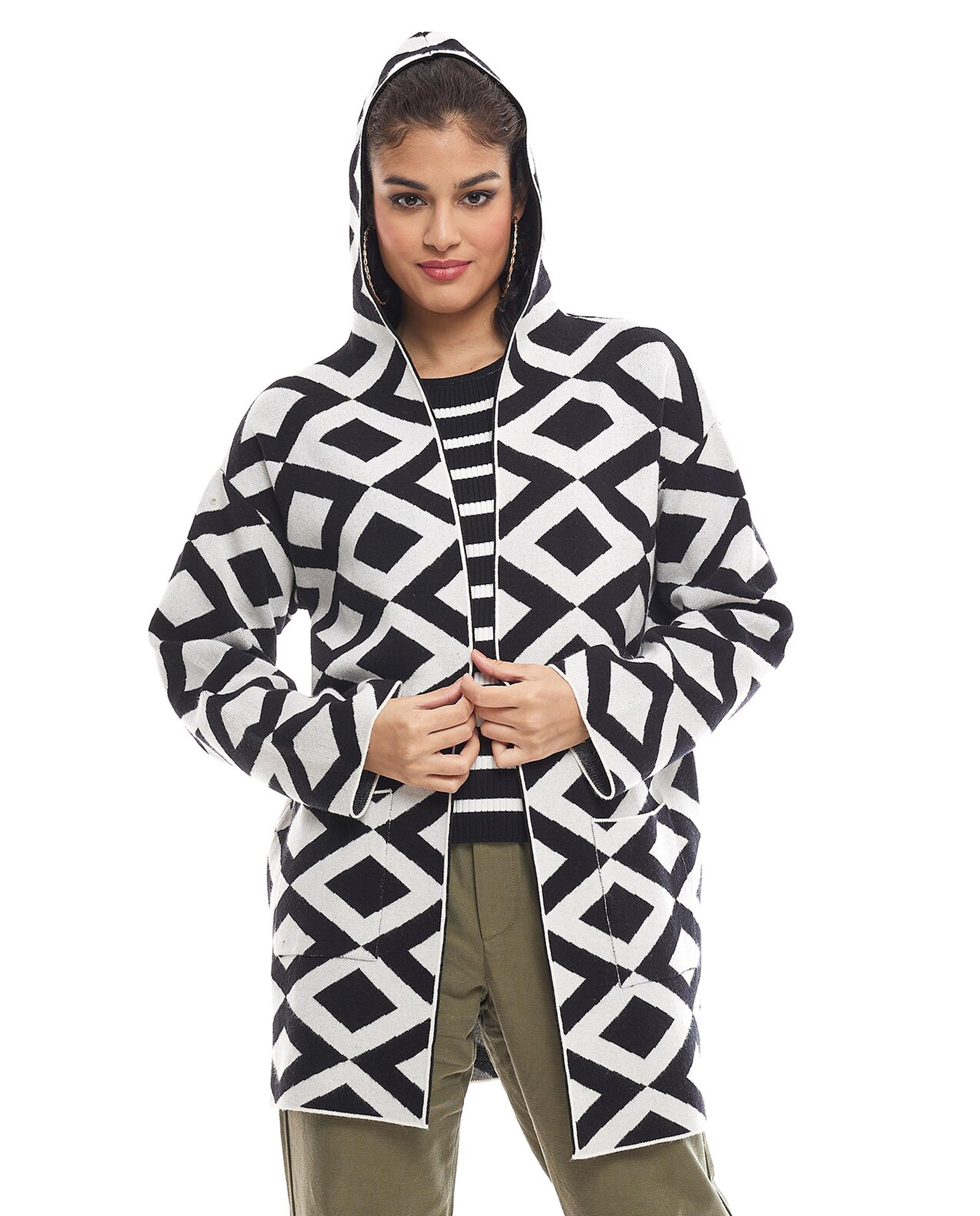Patterned Hooded Cardigan