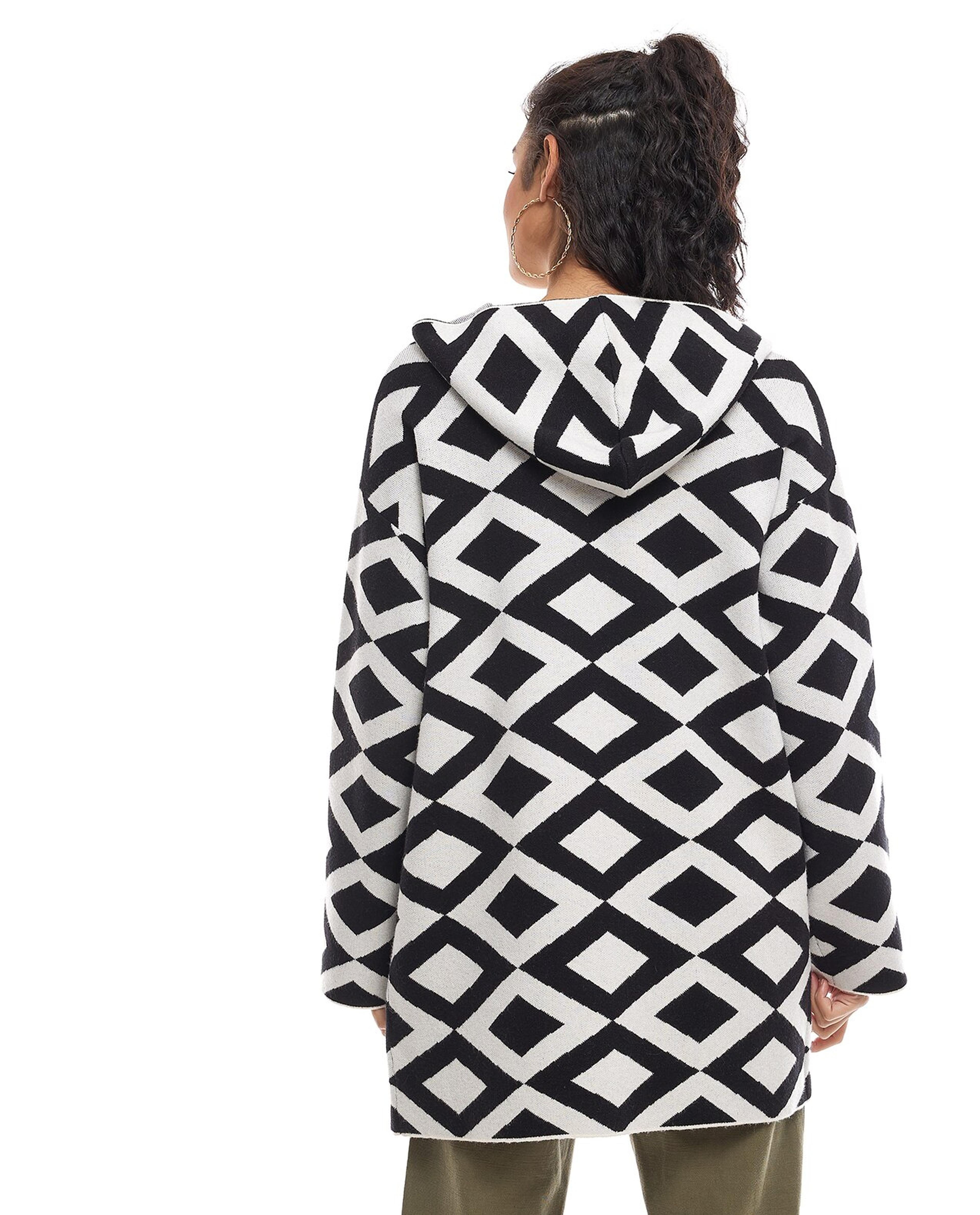 Patterned Hooded Cardigan