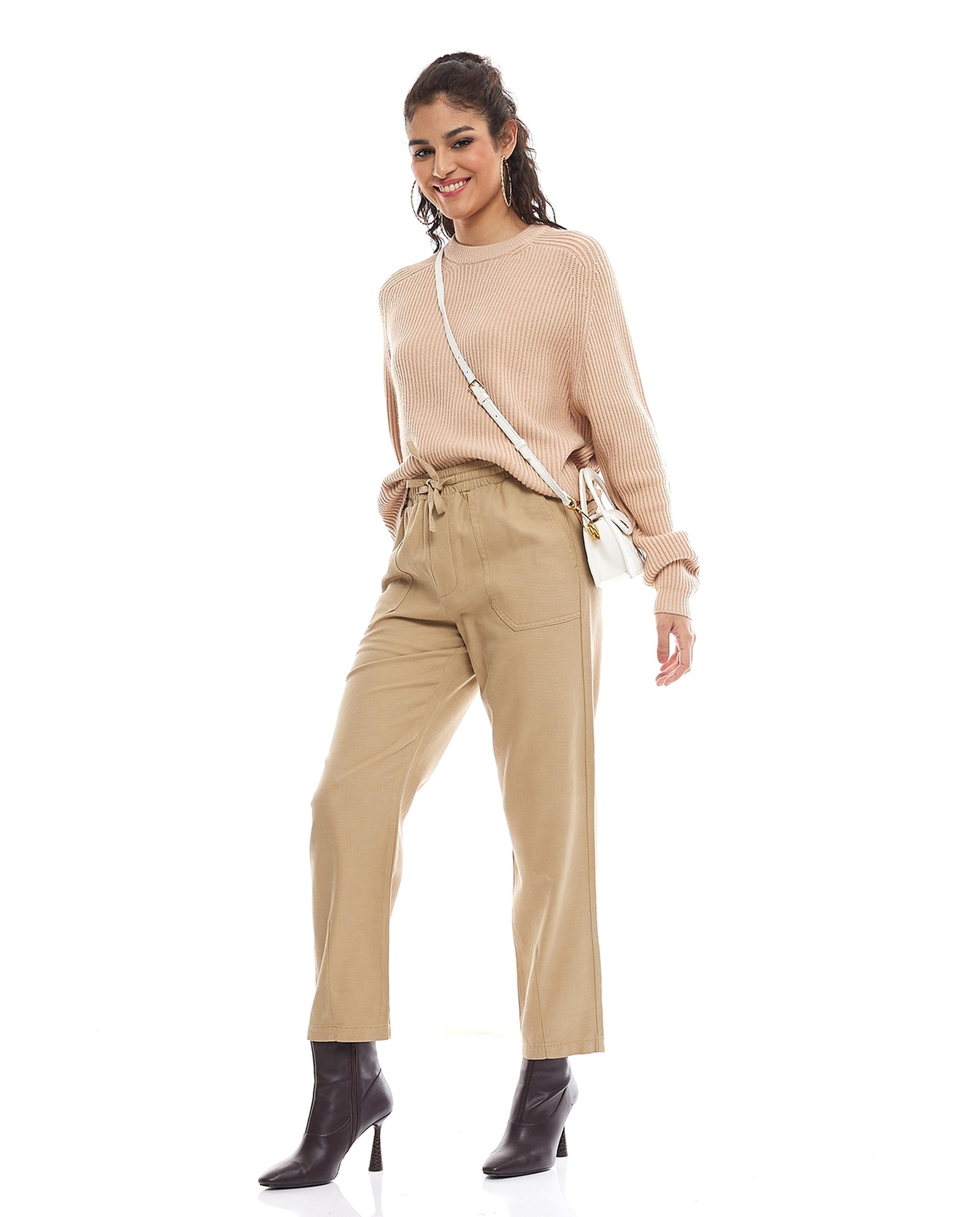 Solid Straight Fit Woven Pants with Drawstring Waist