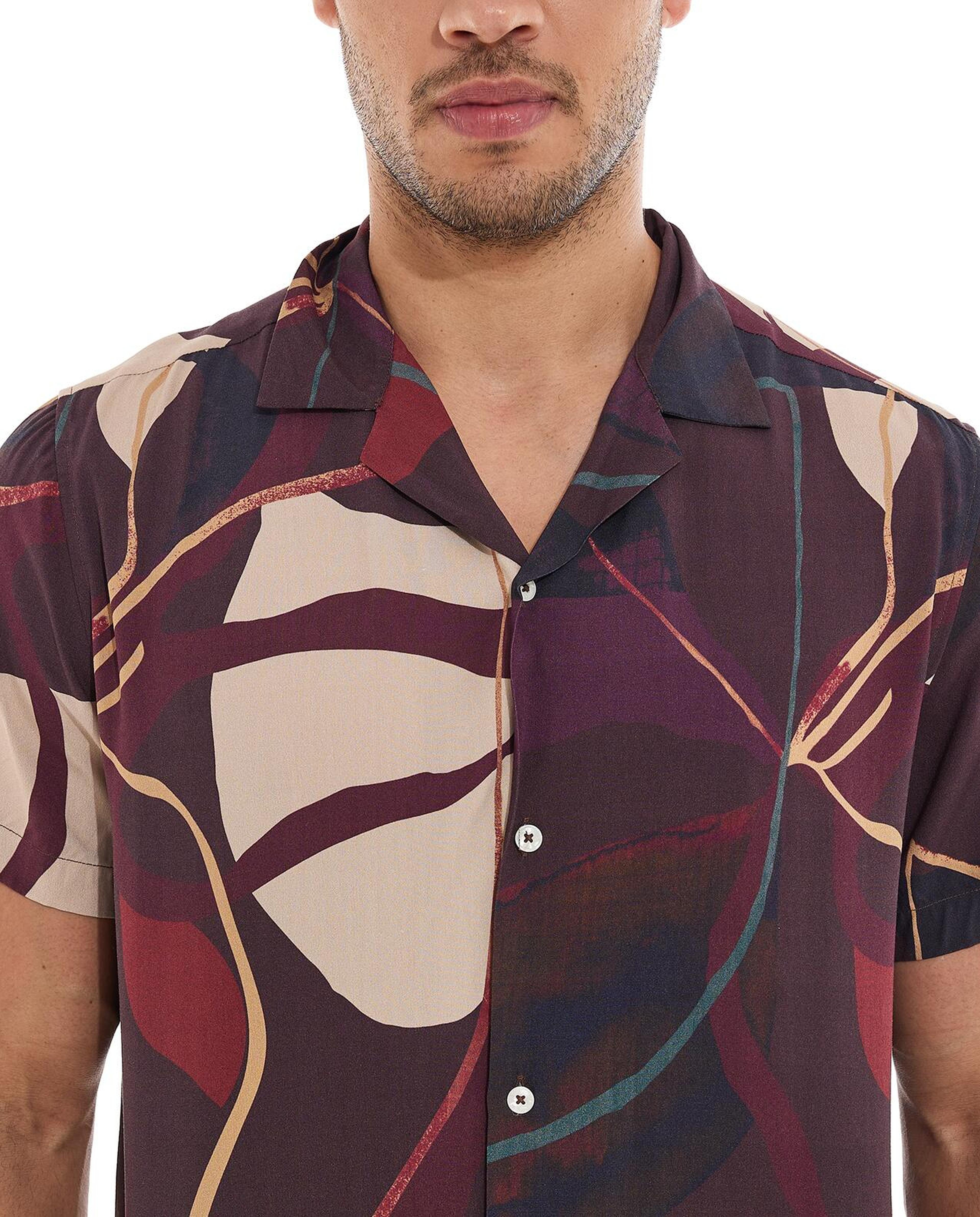 Patterned Shirt with Revere Collar and Short Sleeves