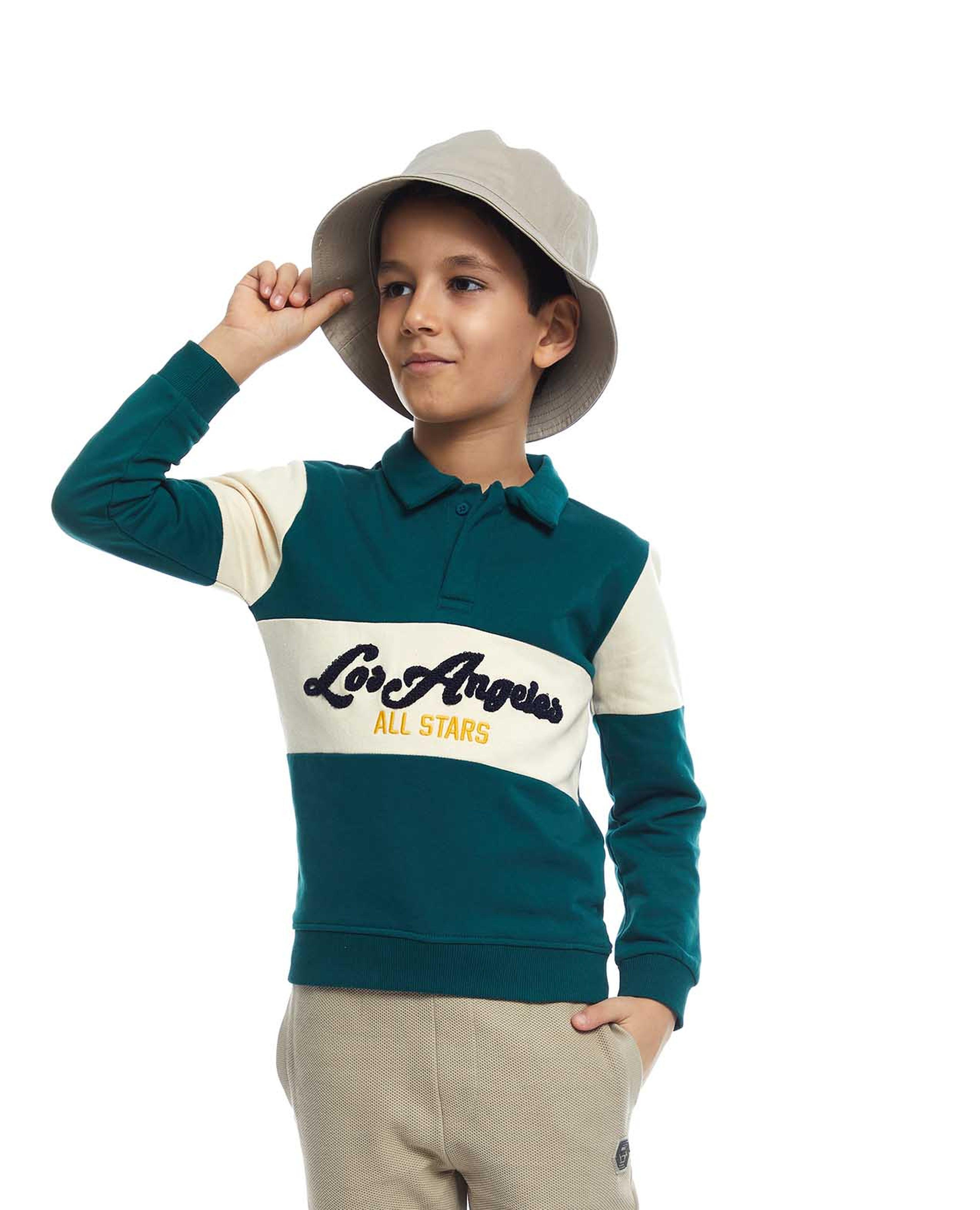 Color Block Sweatshirt with Shirt Collar and Long Sleeves