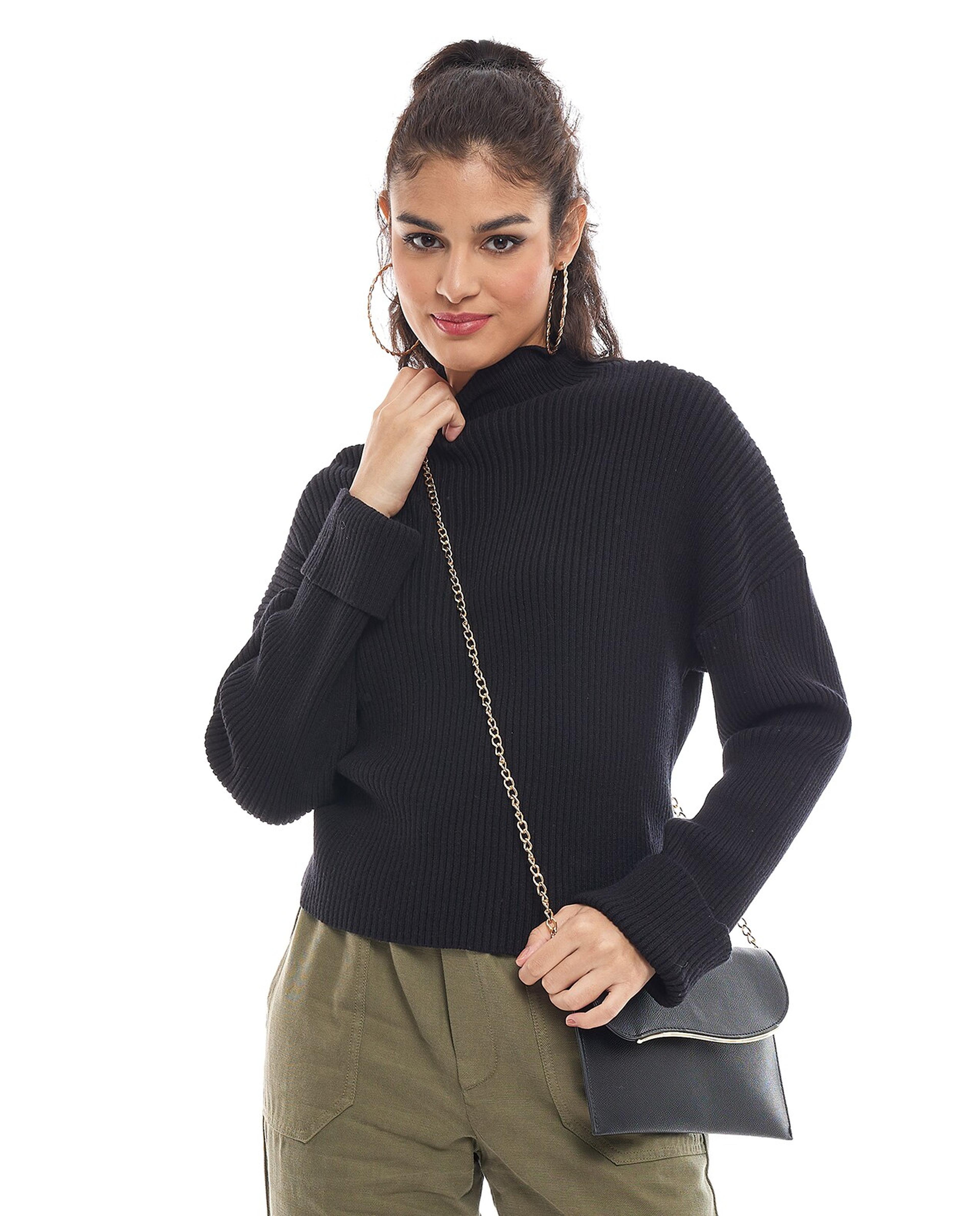 Knitted Sweater with High Neck and Raglan Sleeves