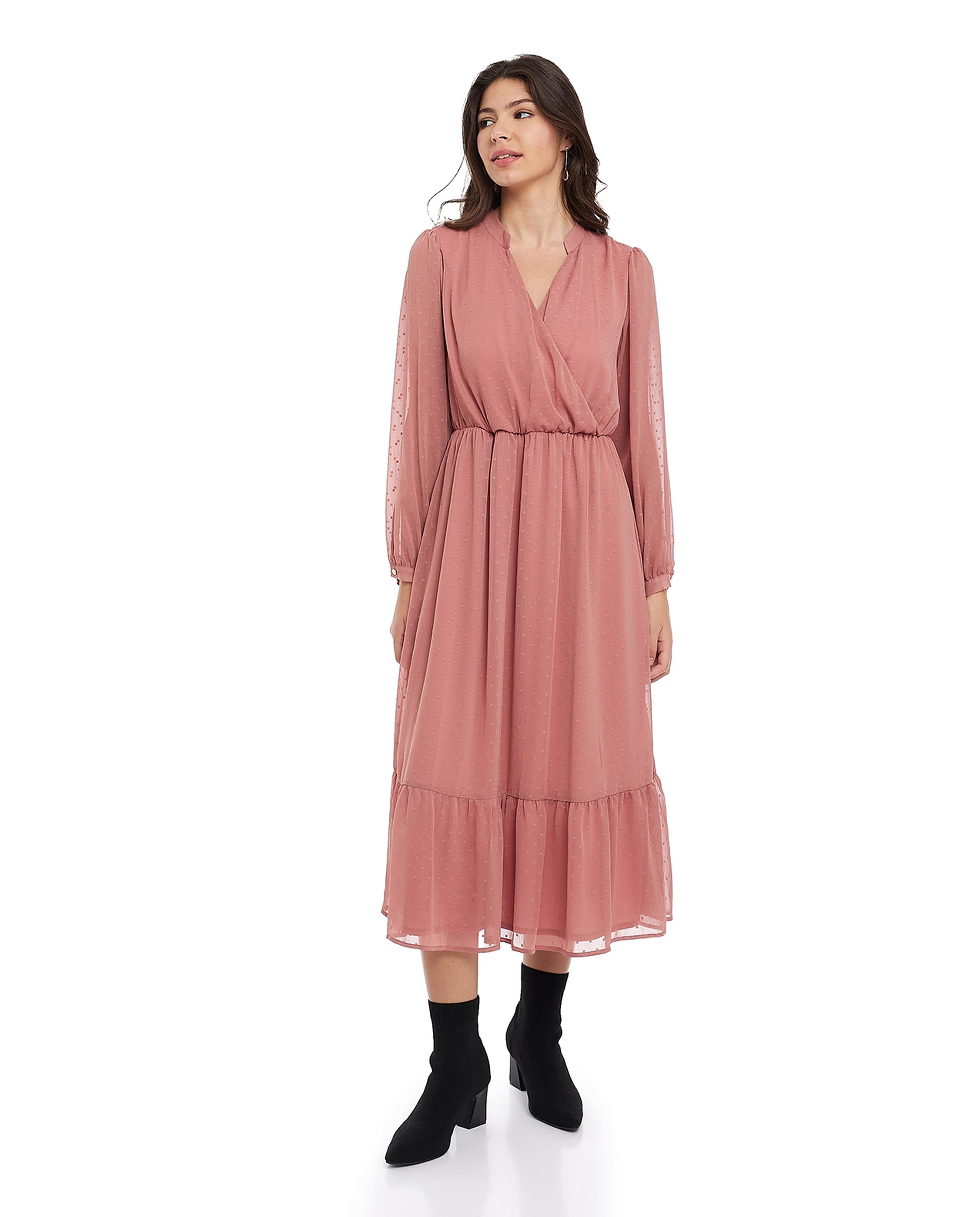 Woven Midi Dress with Surplice Neck and Bishop Sleeves