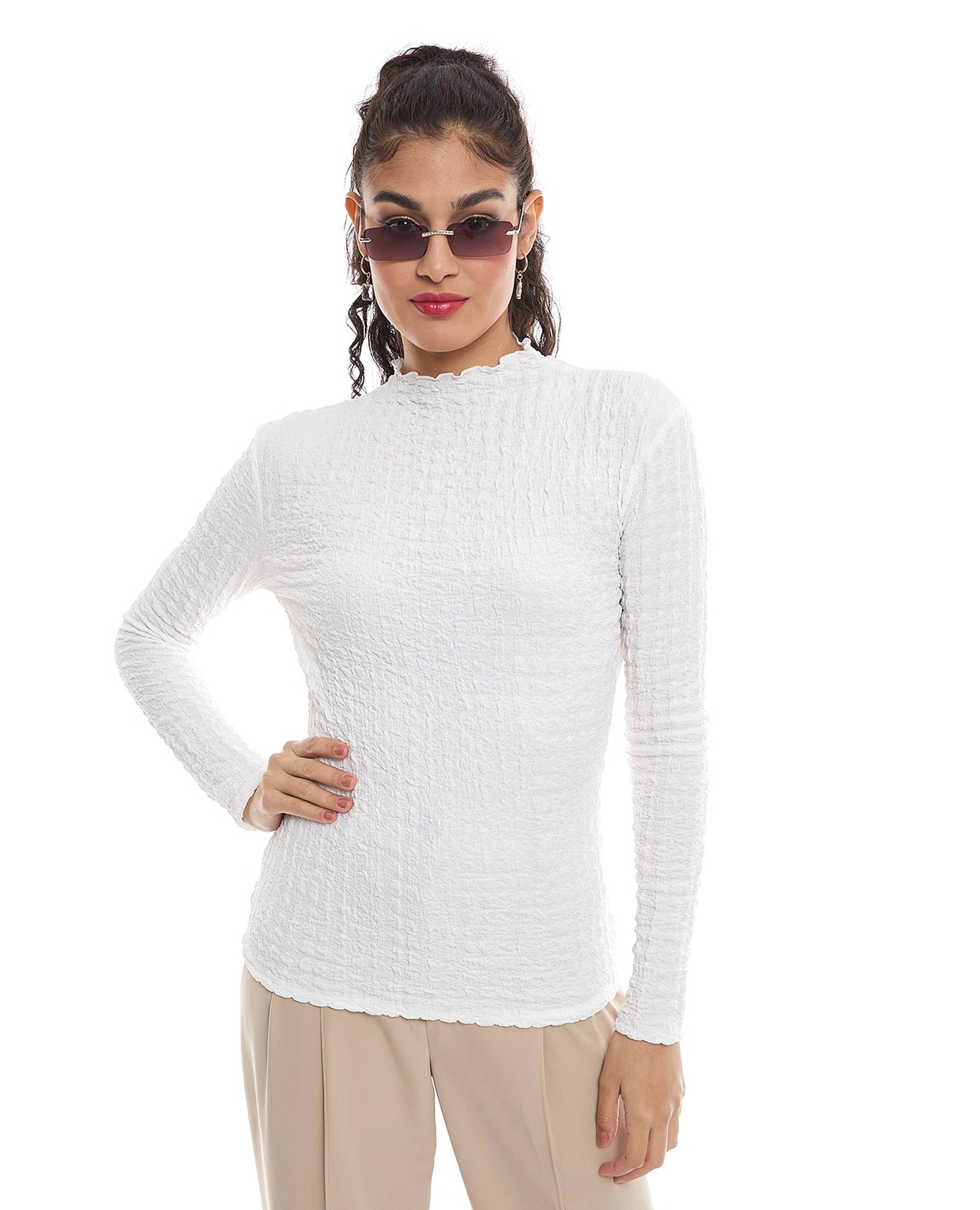 Textured Top with High Neck and Long Sleeves