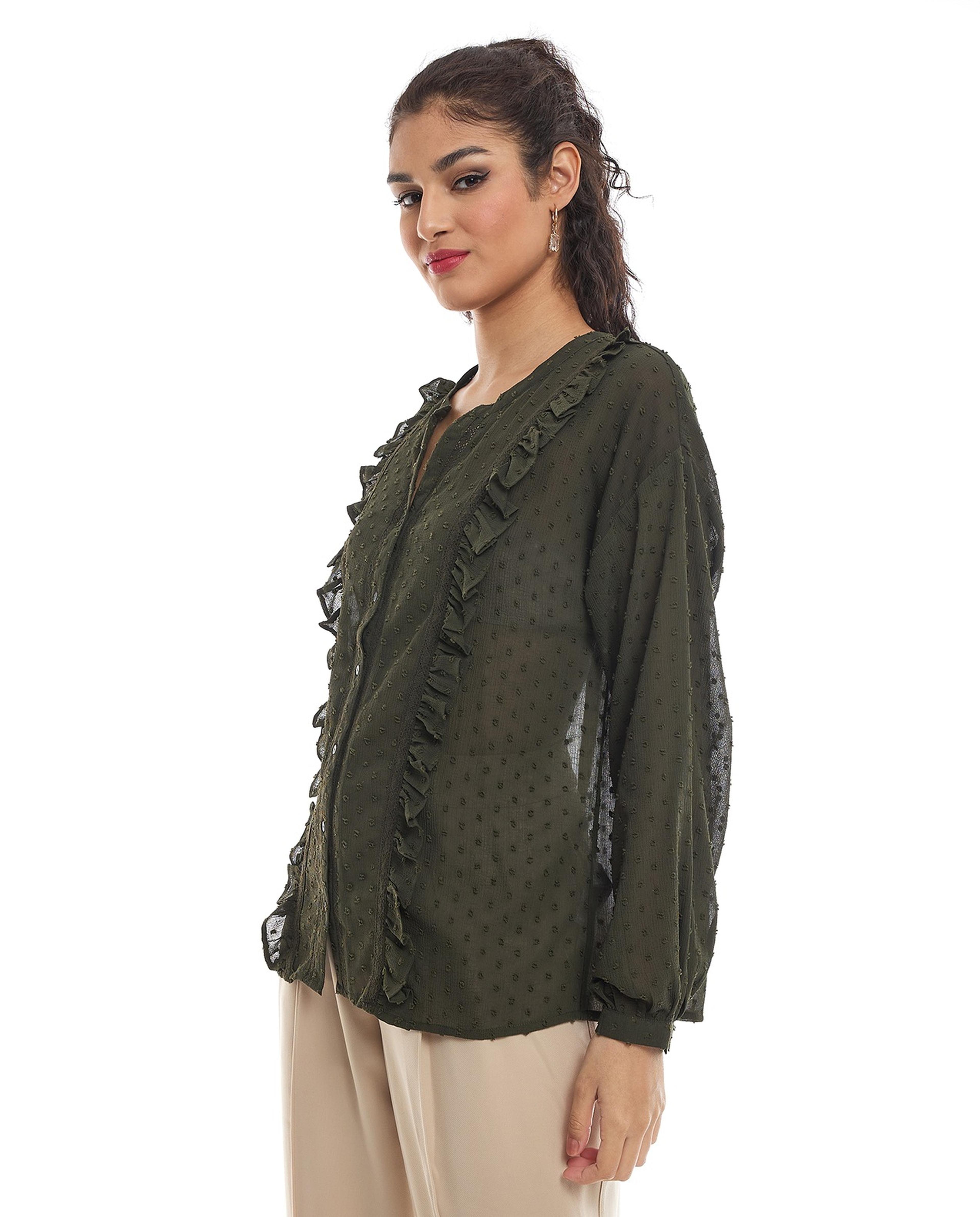Woven Top with Split Neck and Long Sleeves
