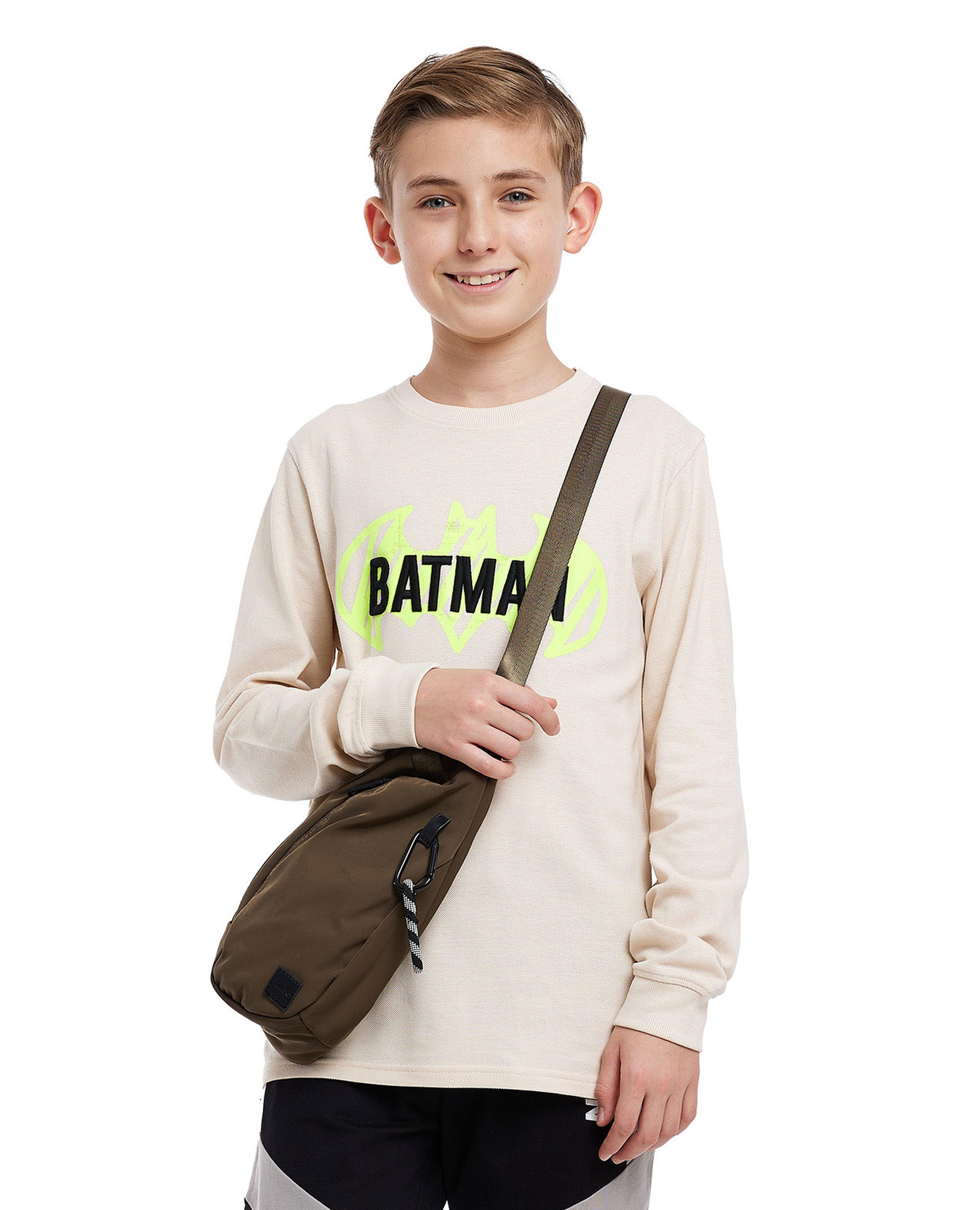 Batman Print T-Shirt with Crew Neck and Long Sleeves