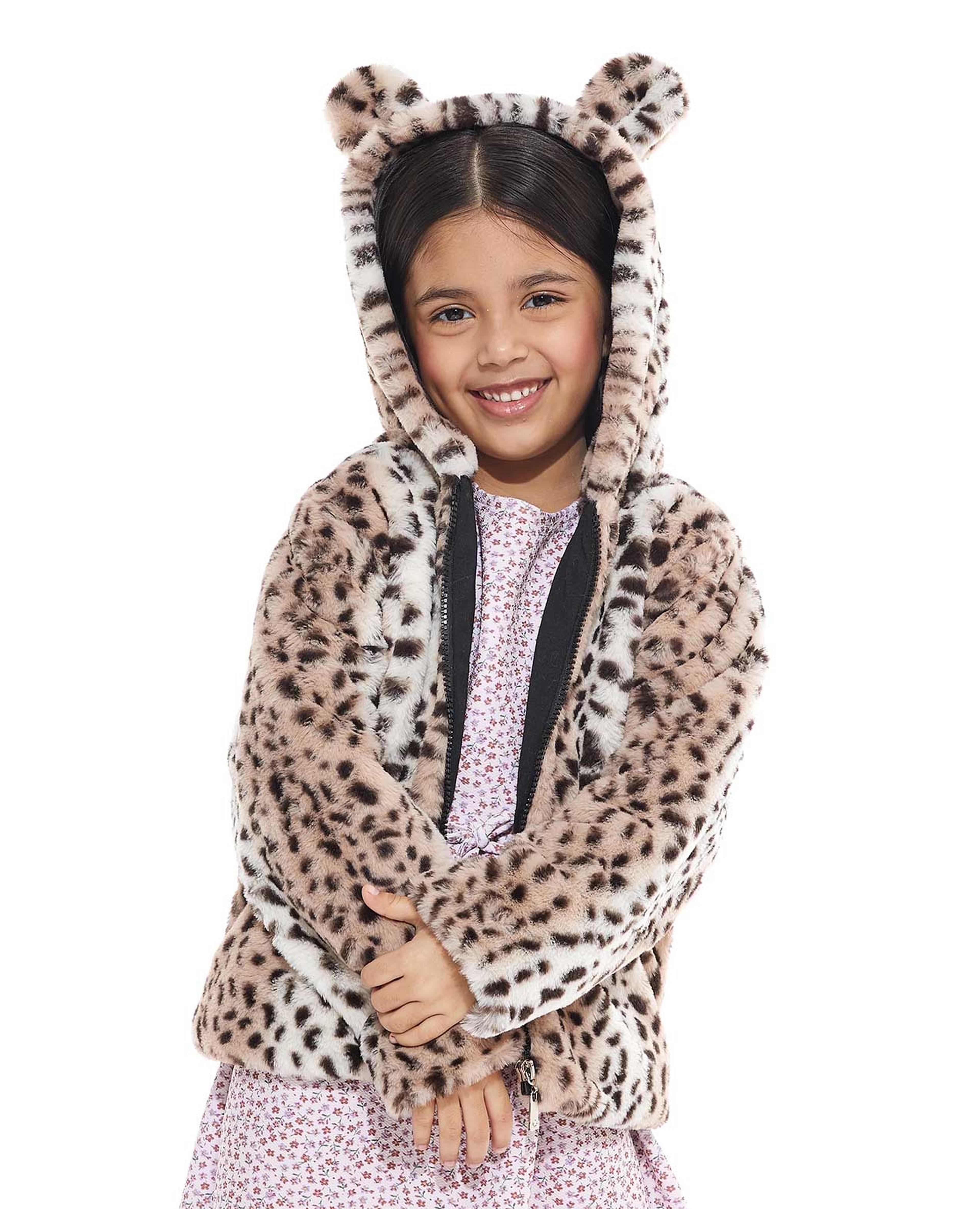Animal Patterned Hooded Jacket with Zipper Closure