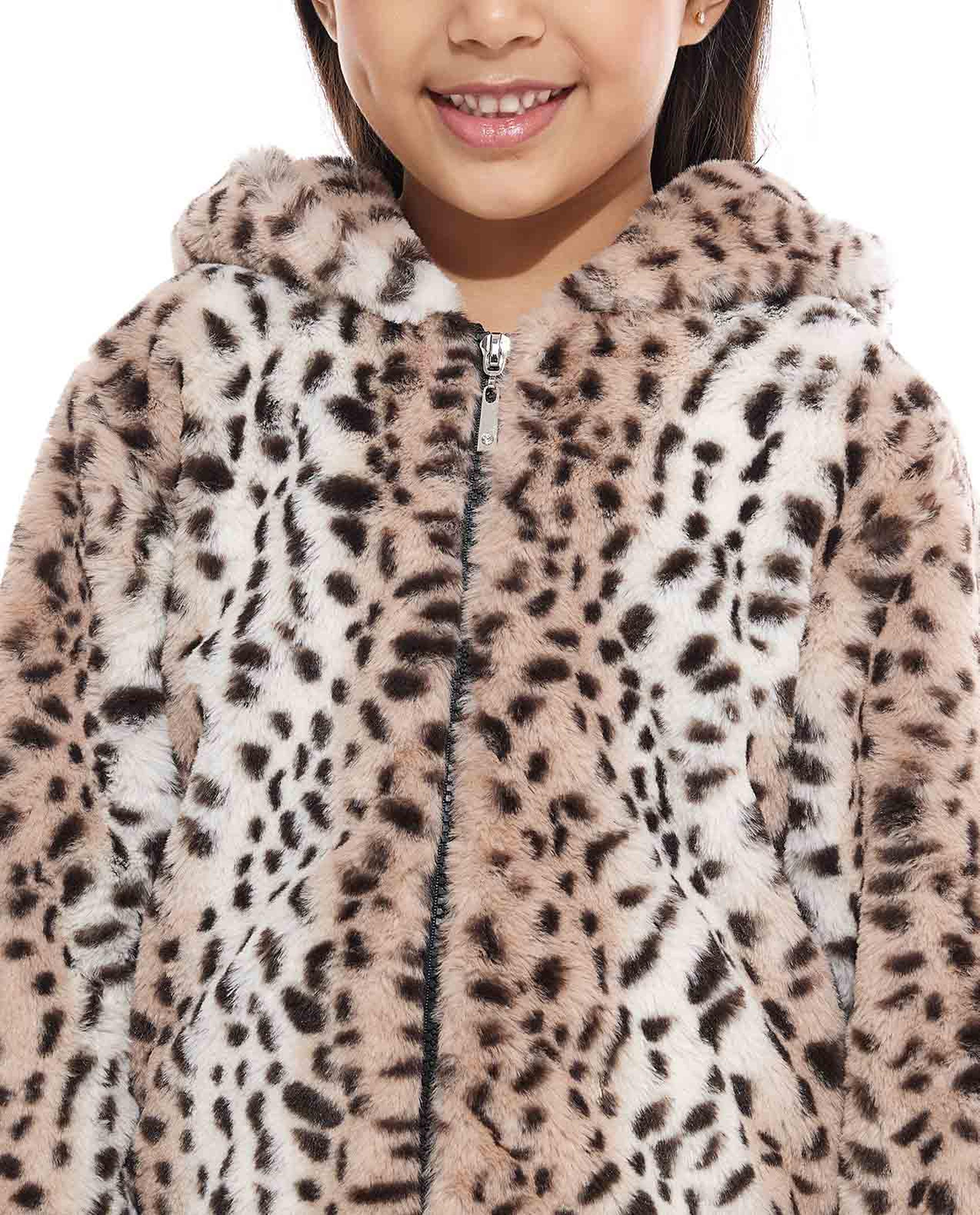 Animal Patterned Hooded Jacket with Zipper Closure