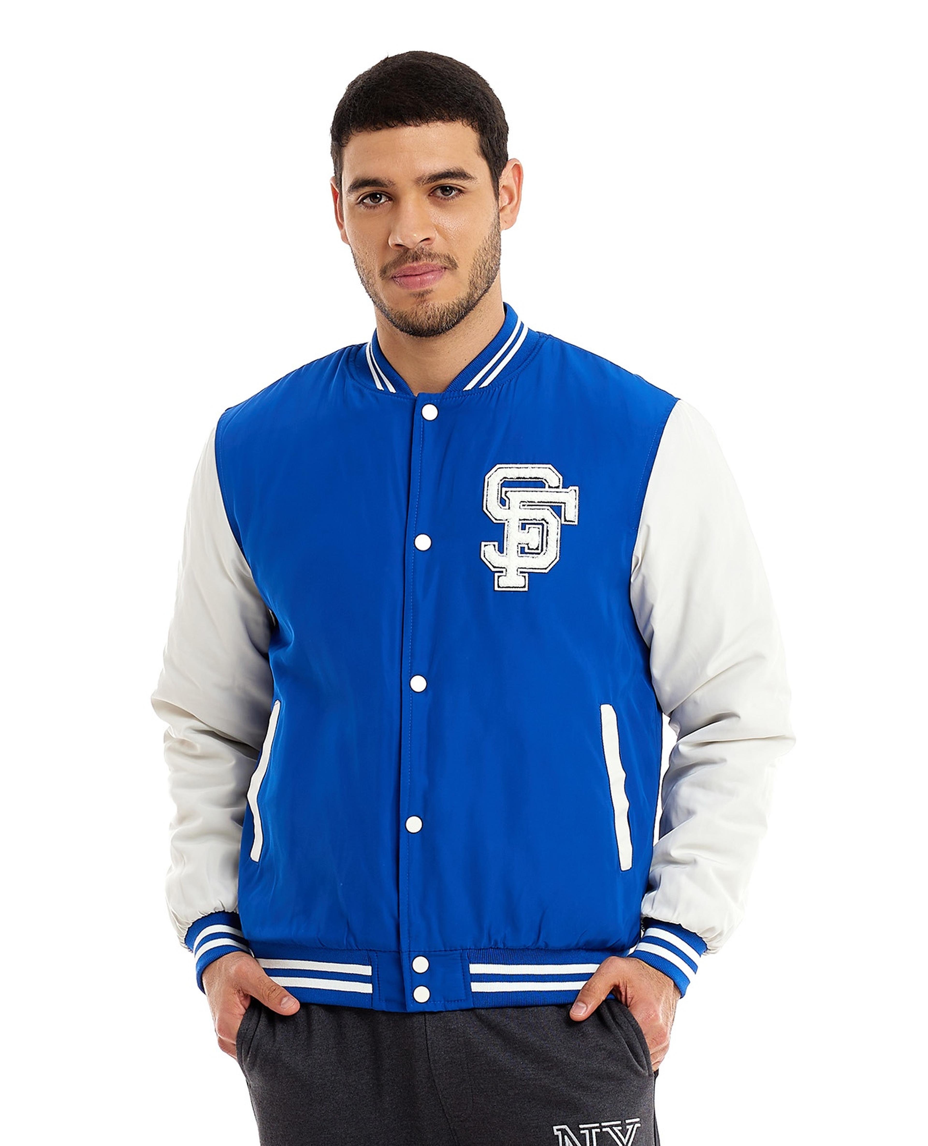 Color Block Varsity Jacket with Snap Button Closure