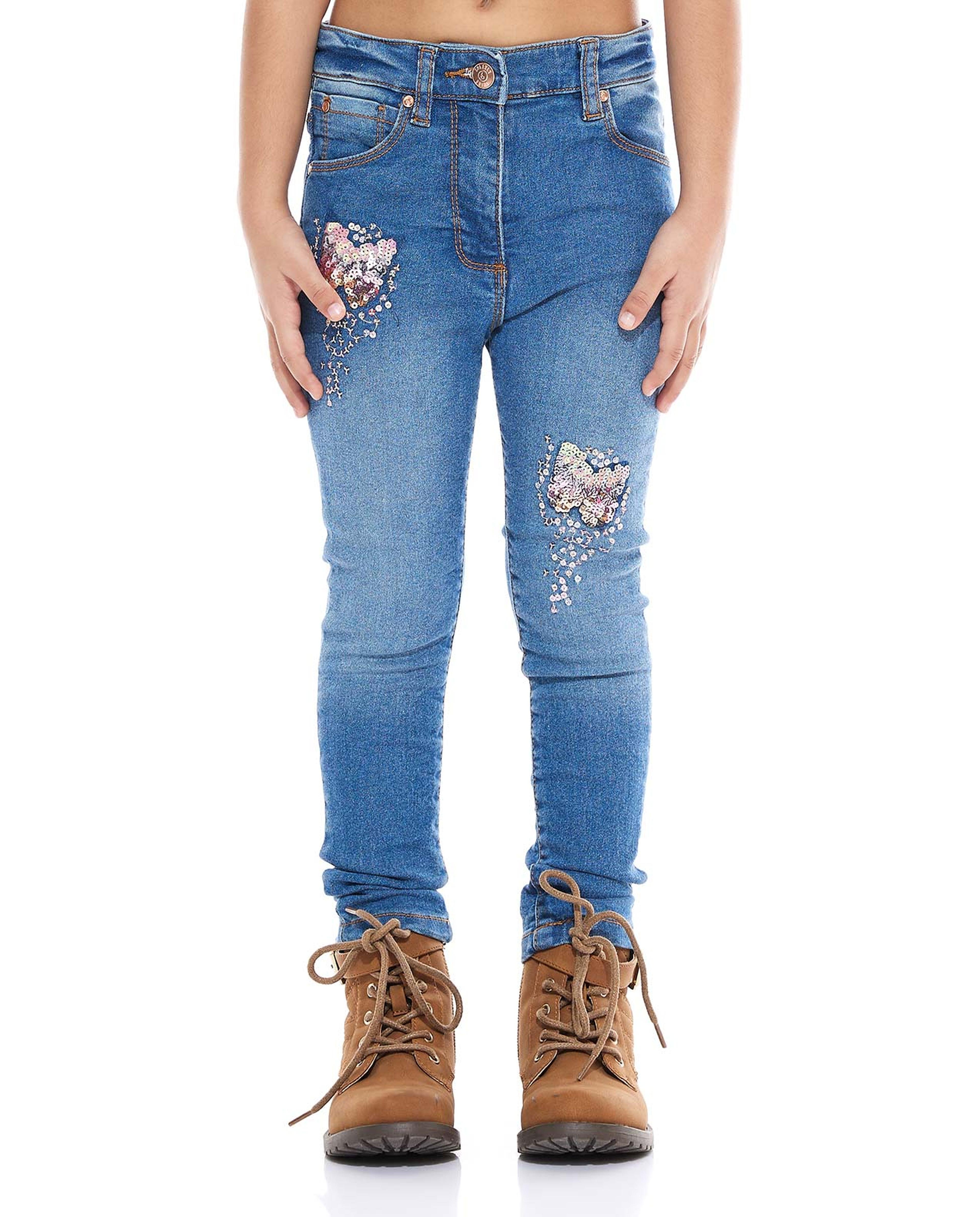 Sequins Skinny Fit Jeans with Button Closure