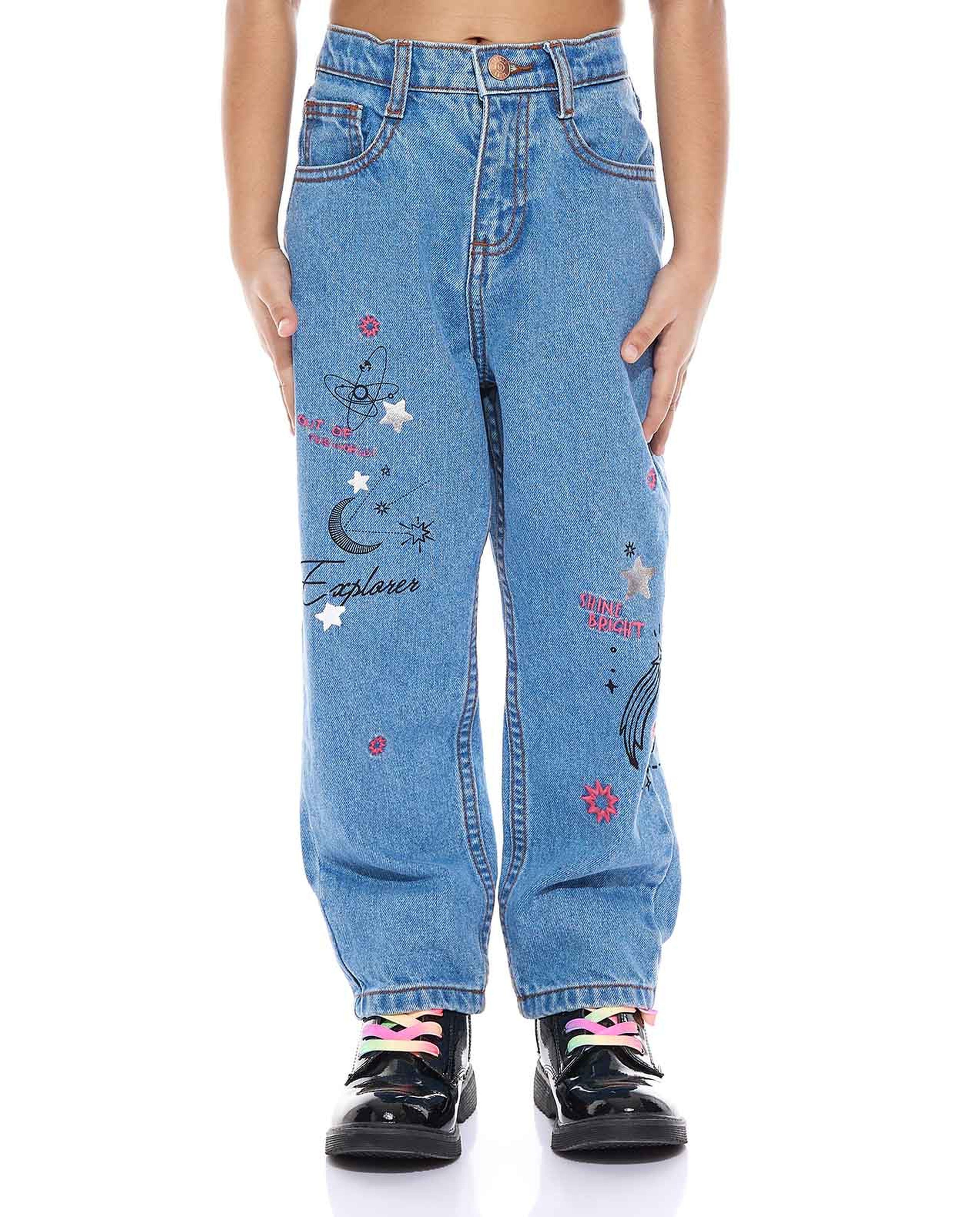 Embroidered Baggy Jeans with Button Closure