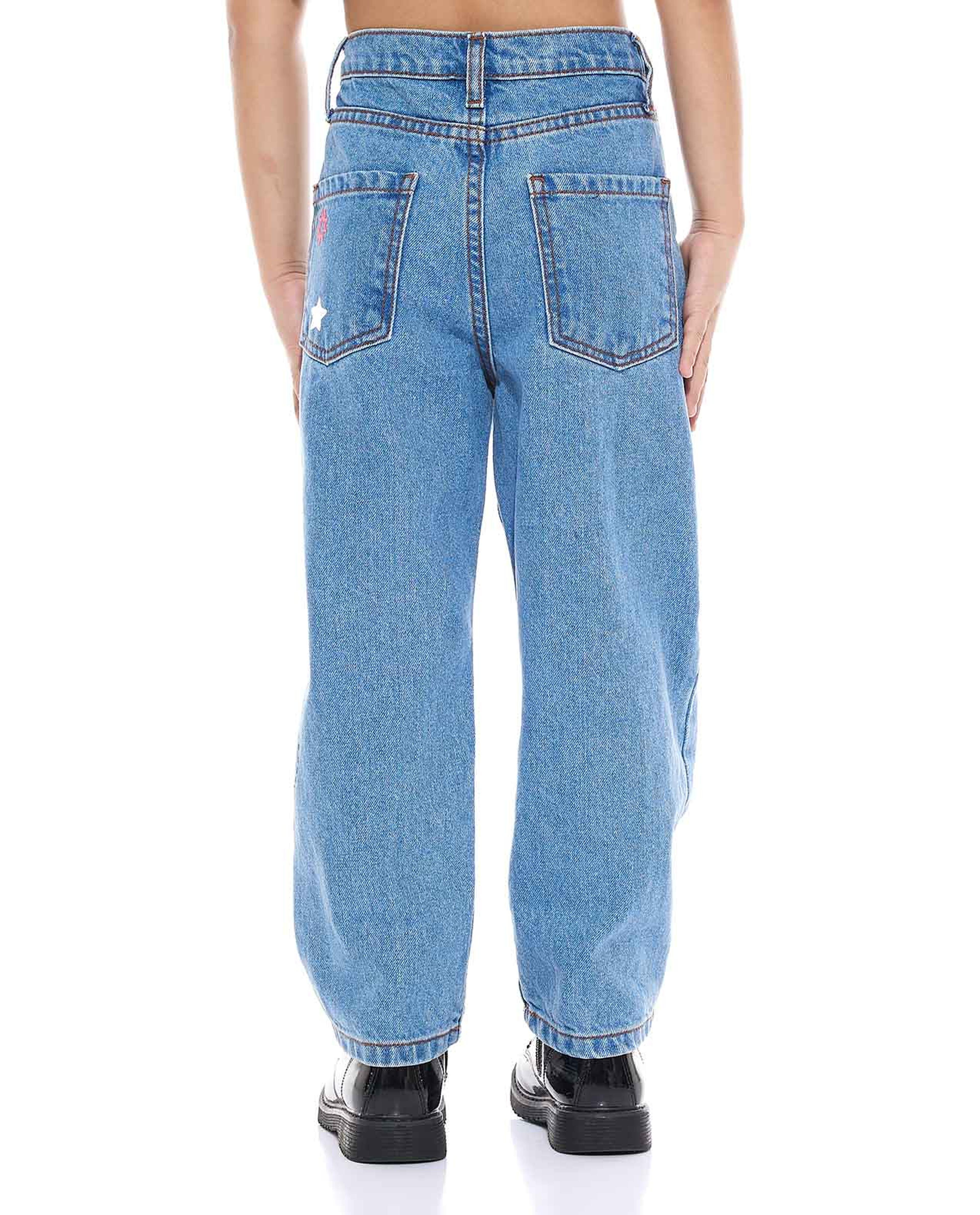 Embroidered Baggy Jeans with Button Closure