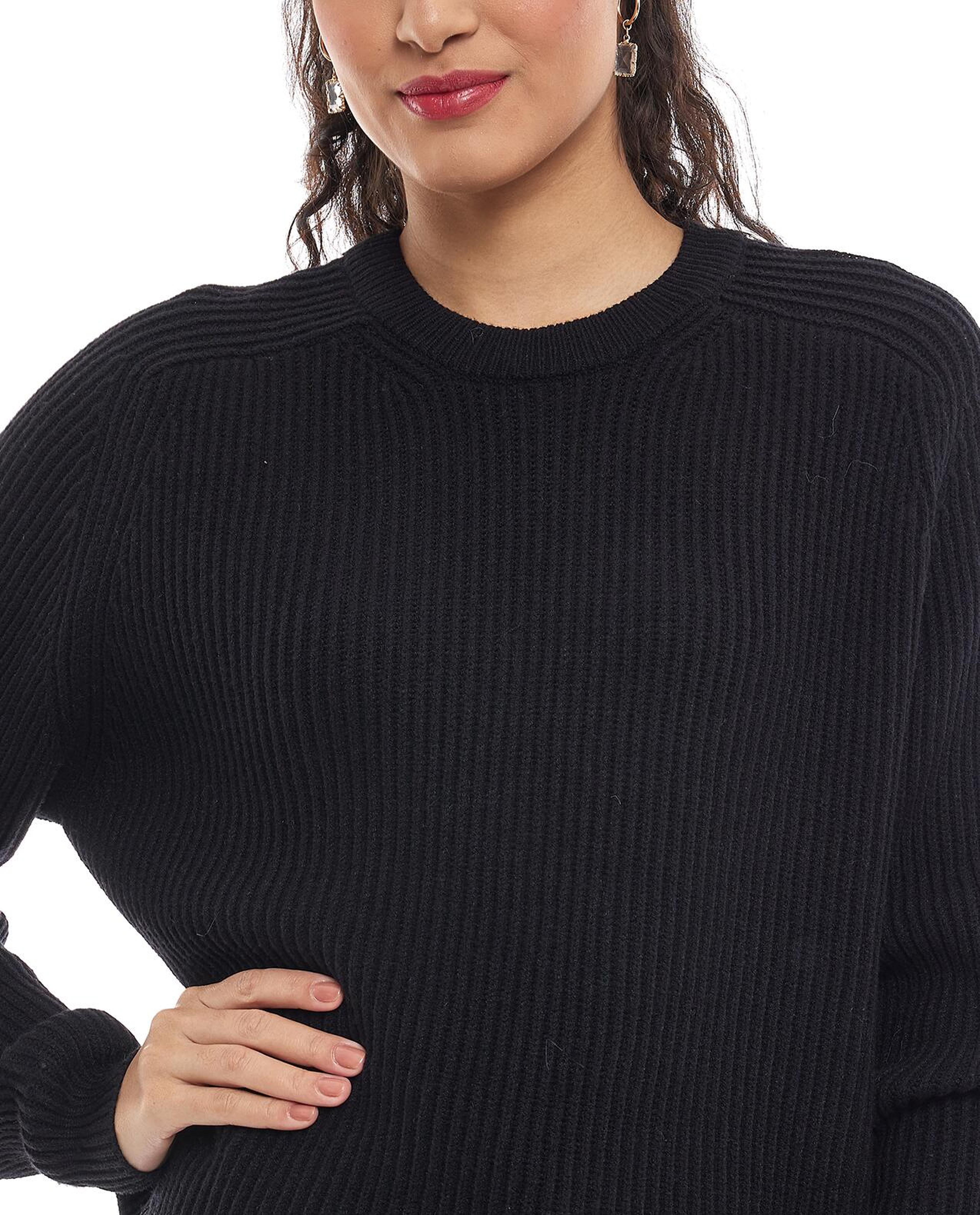Knitted Sweater with Crew Neck and Raglan Sleeves