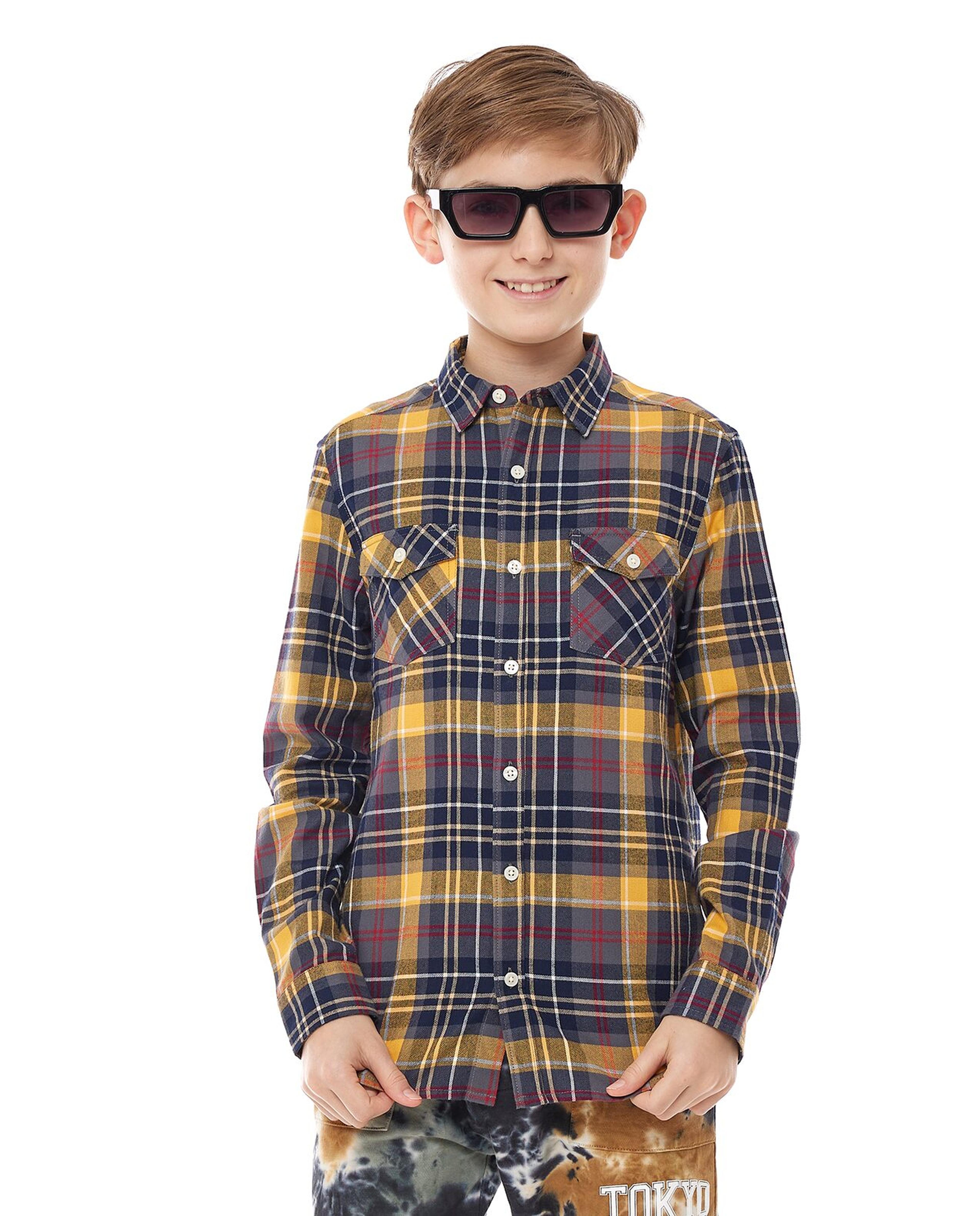 Plaid Shirt with Spread Collar and Long Sleeves