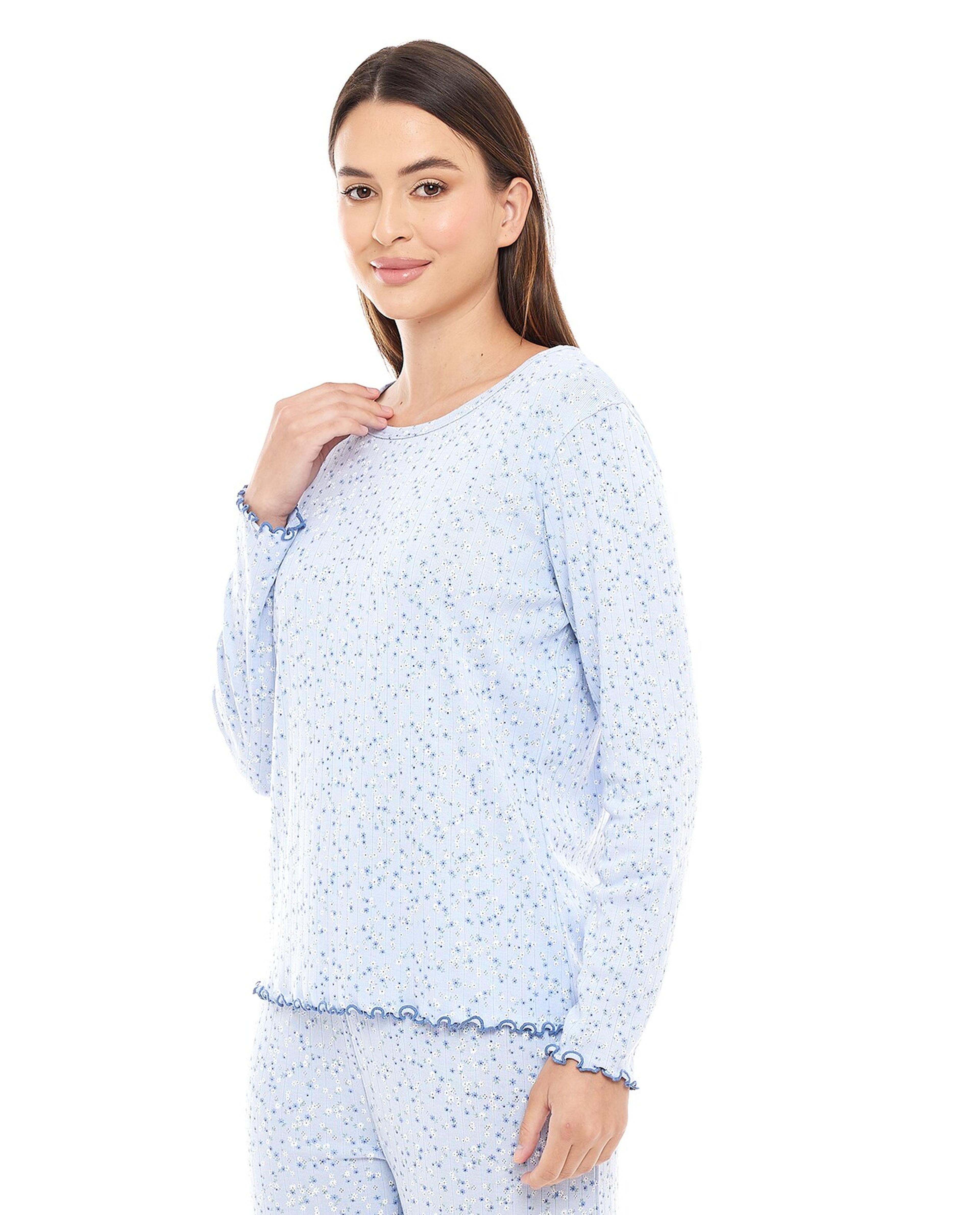 Printed Sleep Top with Crew Neck and Long Sleeves