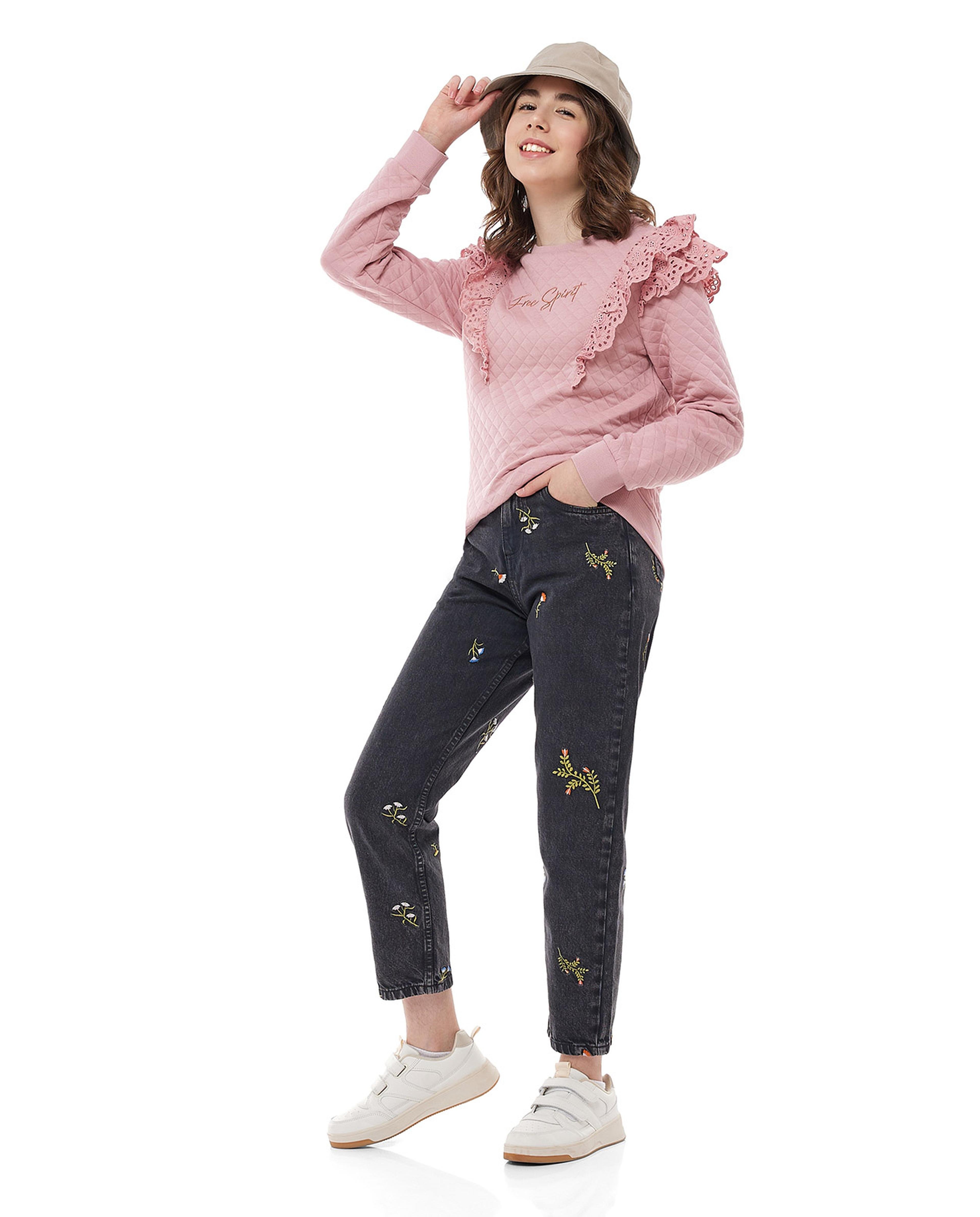 Embroidered Mom Fit Jeans with Button Closure