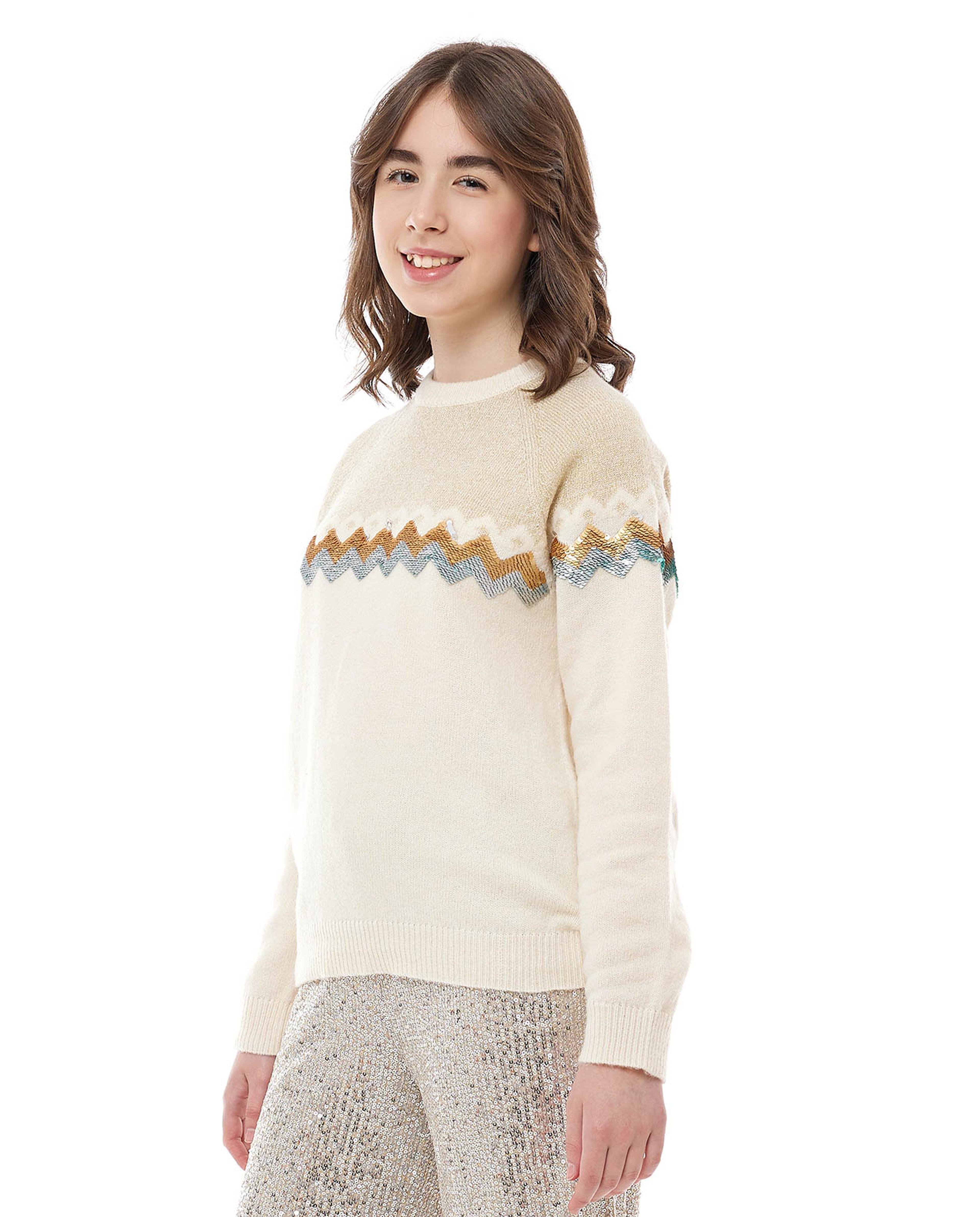Patterned Sweater with Crew Neck and Long Sleeves