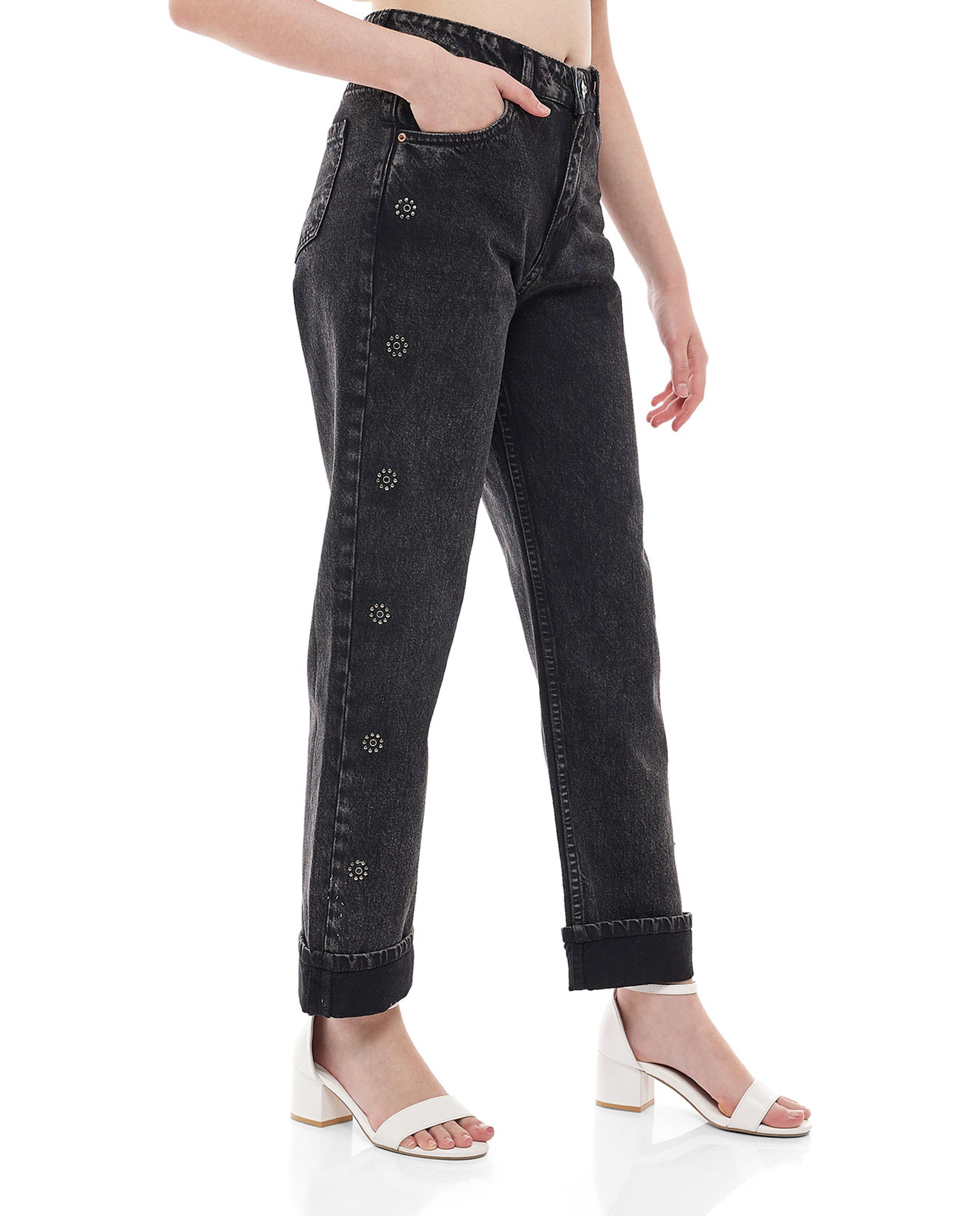 Studded Straight Fi Jeans with Button Closure