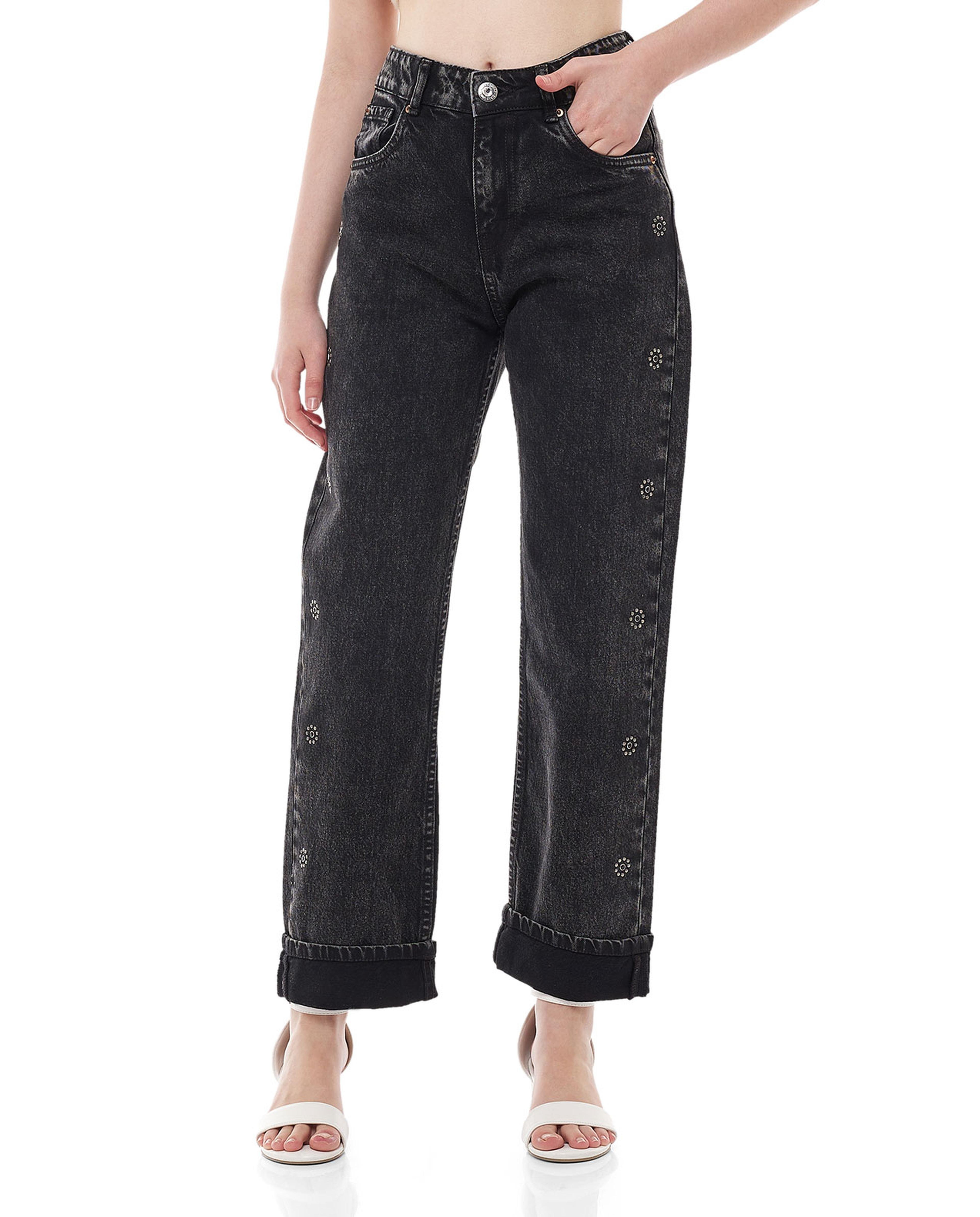 Studded Straight Fi Jeans with Button Closure