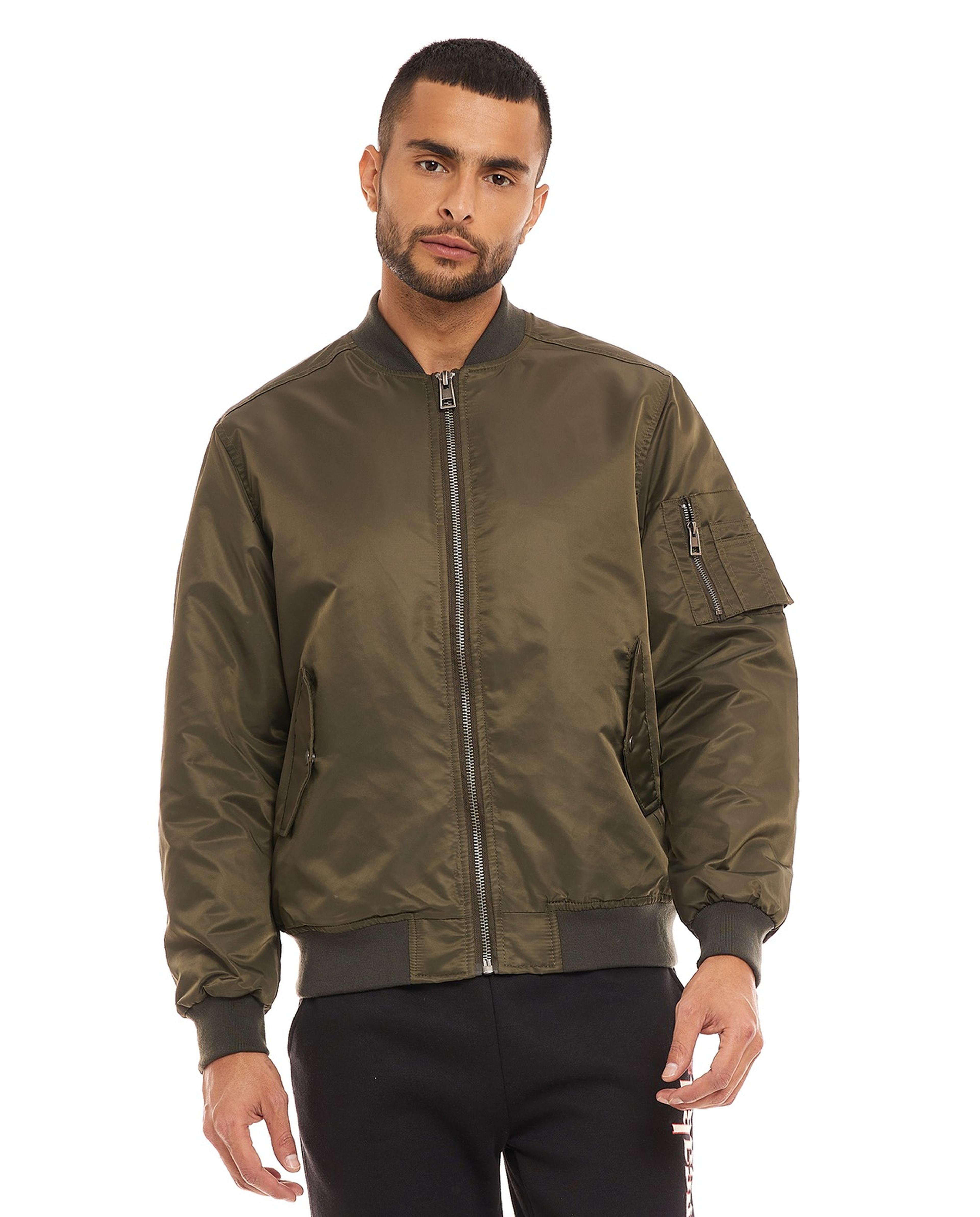 Solid Bomber Jacket with Zipper Closure