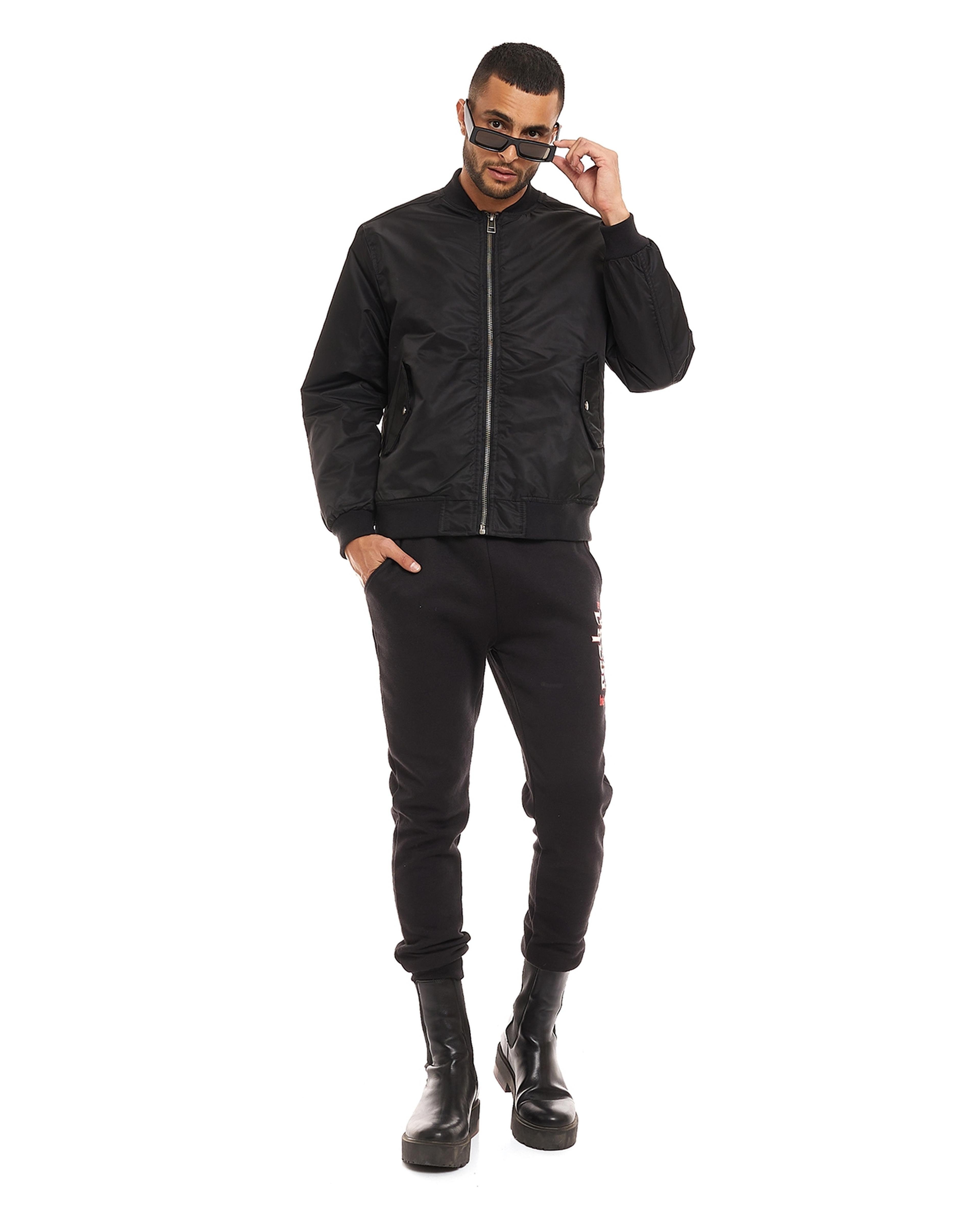 Solid Bomber Jacket with Zipper Closure