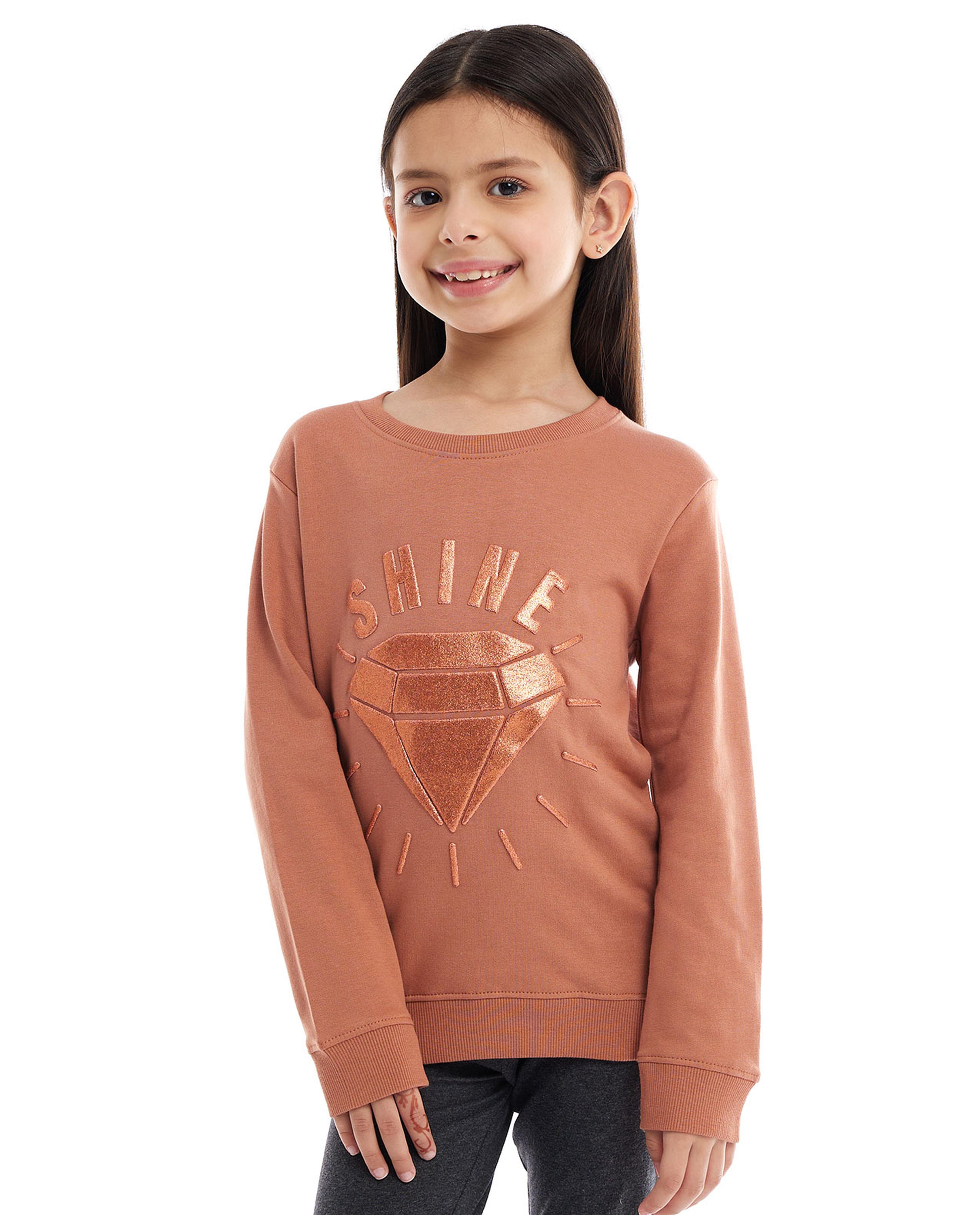 Glitter Print Sweatshirt with Crew Neck and Long Sleeves