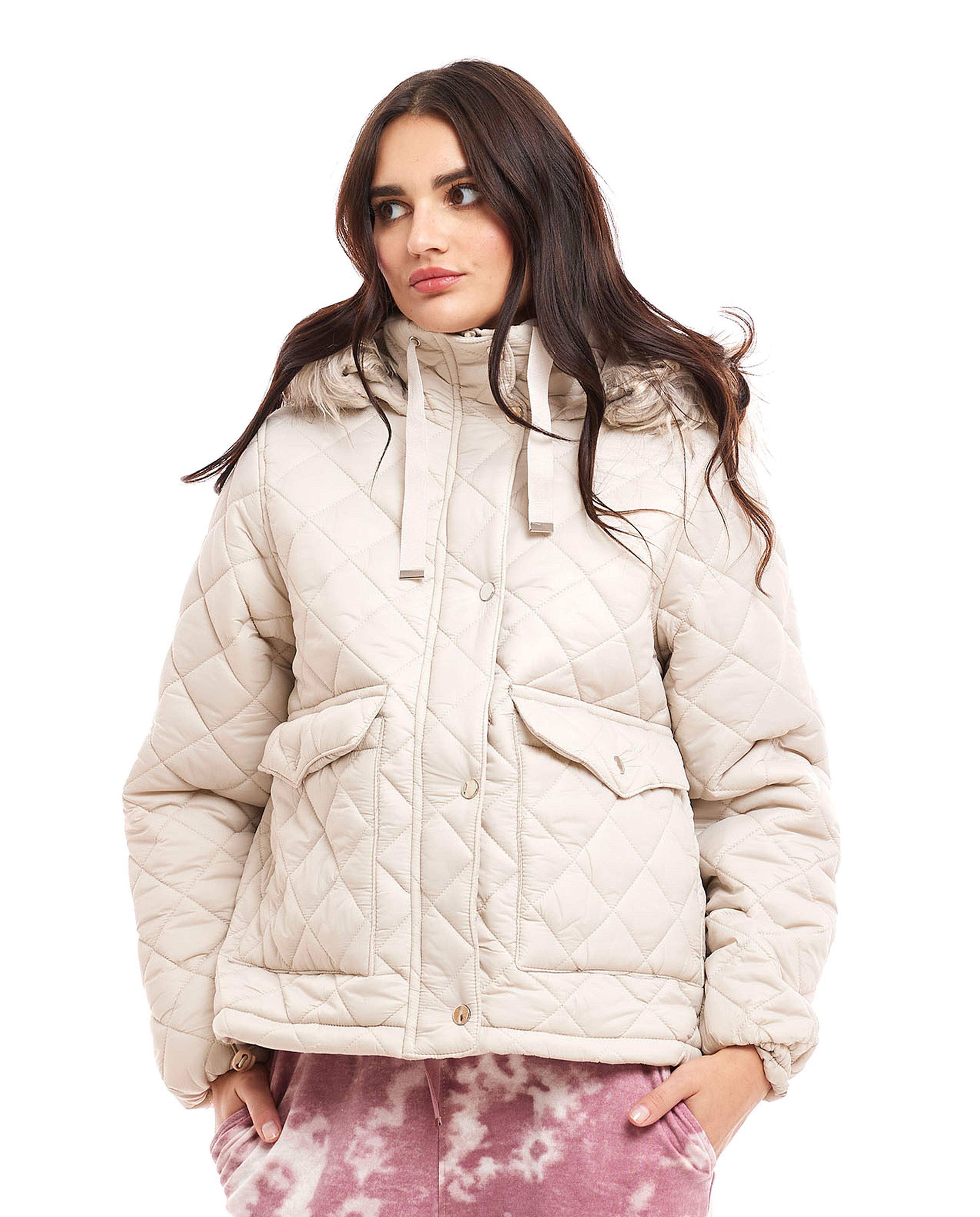 Fur Hooded Quilted Jacket with Snap Closure